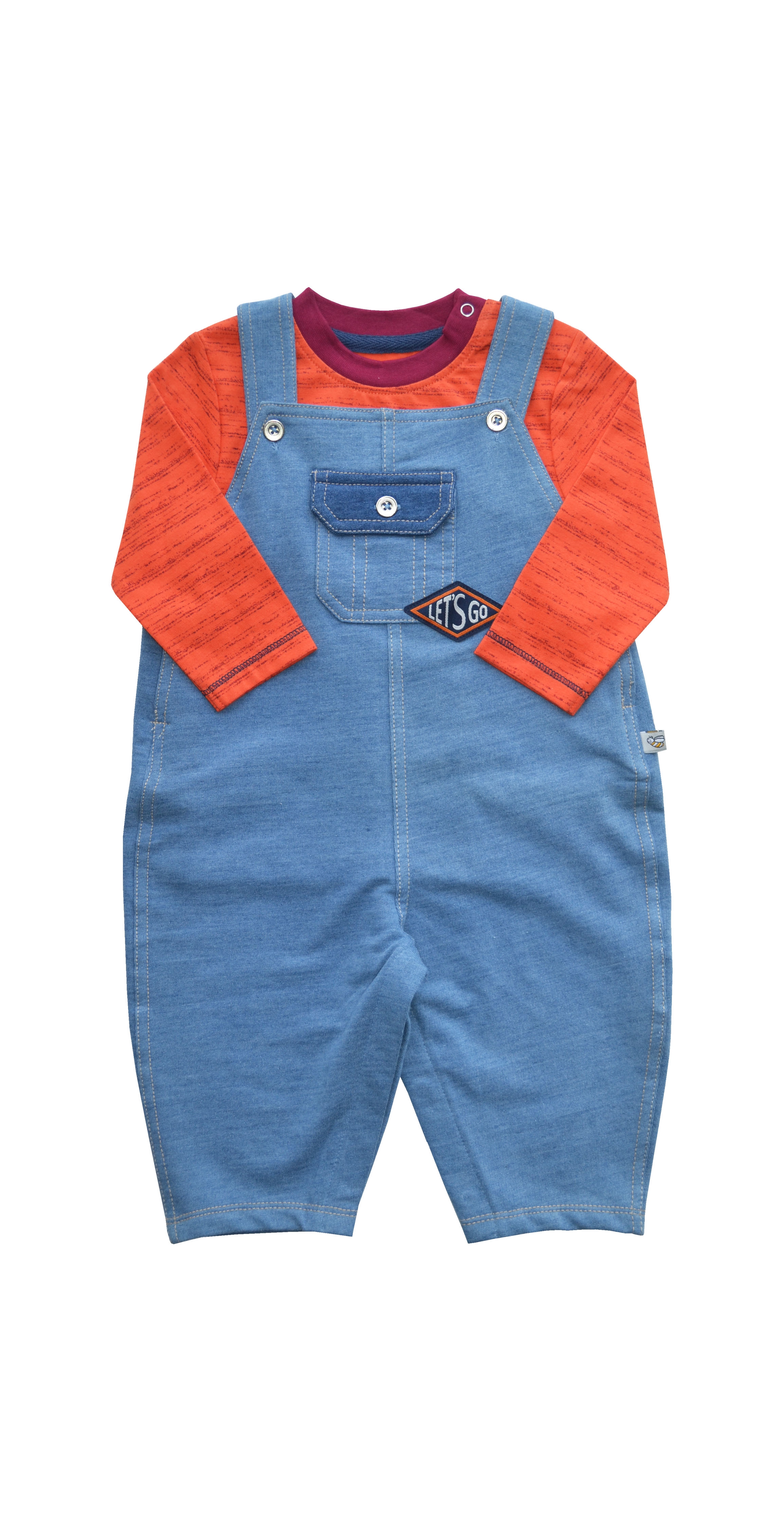 Orange Long Sleeve T-Shirt + Denim Long Romper Set(95% Cotton 5% Elasthan Denim Fleece)