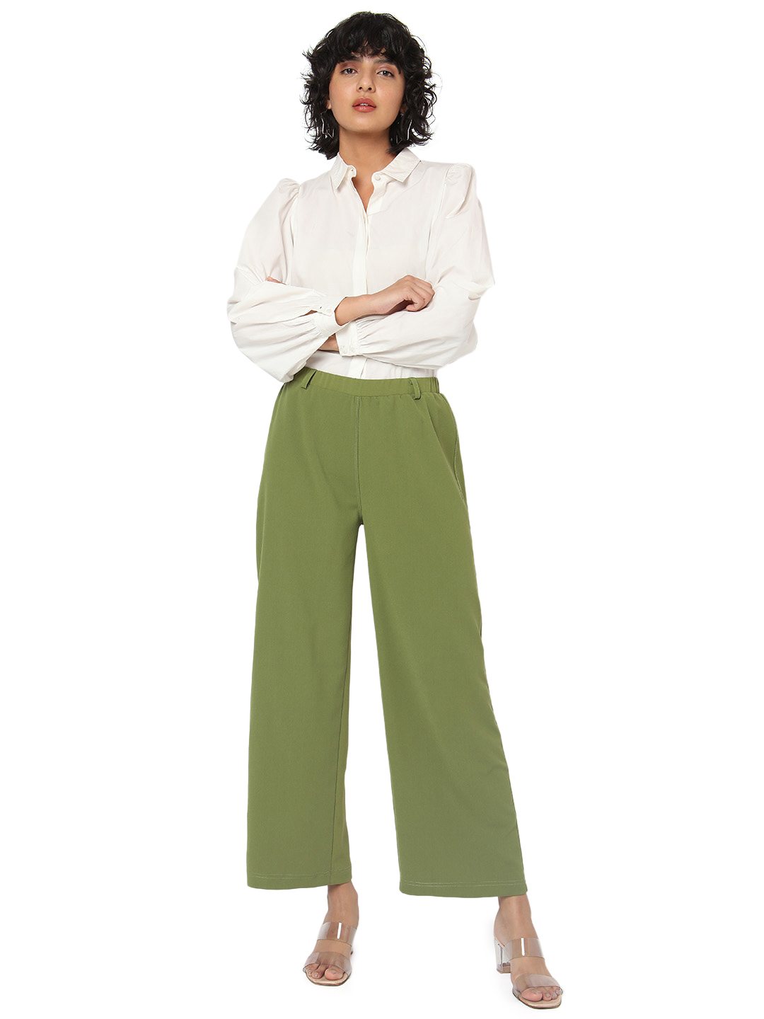 Smarty Pants women's moss cotton lycra olive color flared formal trouser