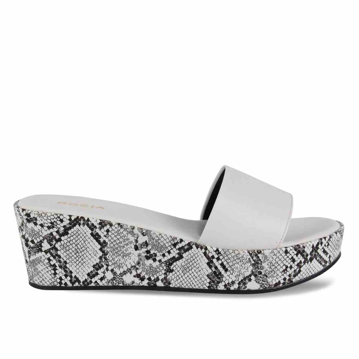WHITE SINGLE STRAP SNAKE PRINT WEDGE