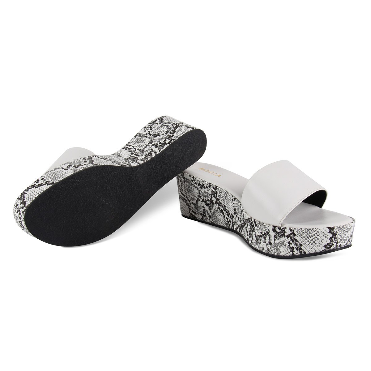 WHITE SINGLE STRAP SNAKE PRINT WEDGE