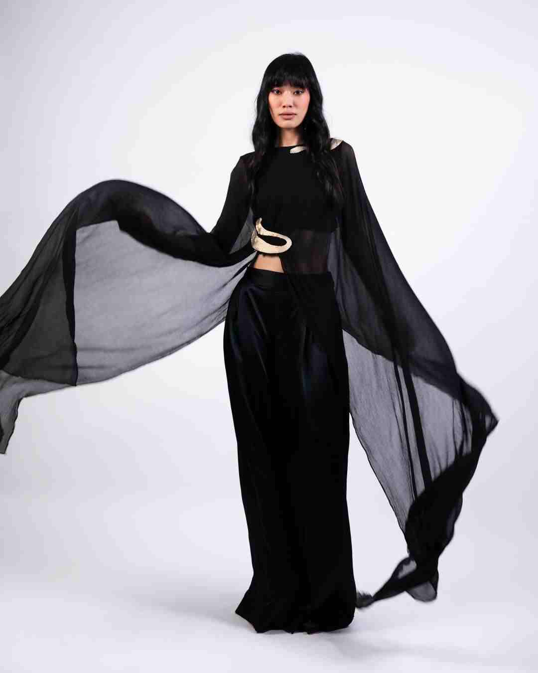 AKOK Black Silk Dupatta Cape with Trouser Co-ords