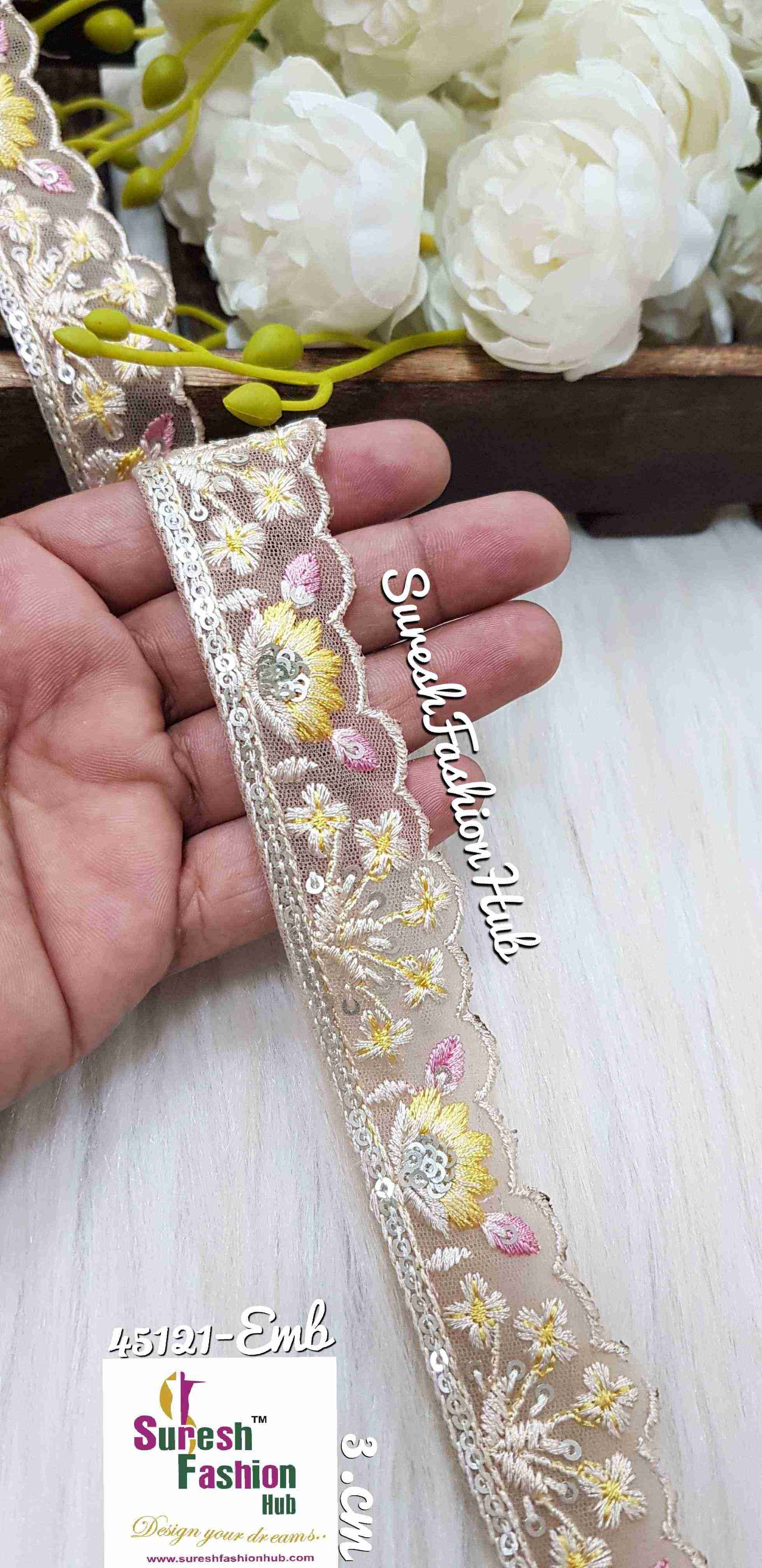 Yellow Flowers Sequined Petal Cutwork Laces