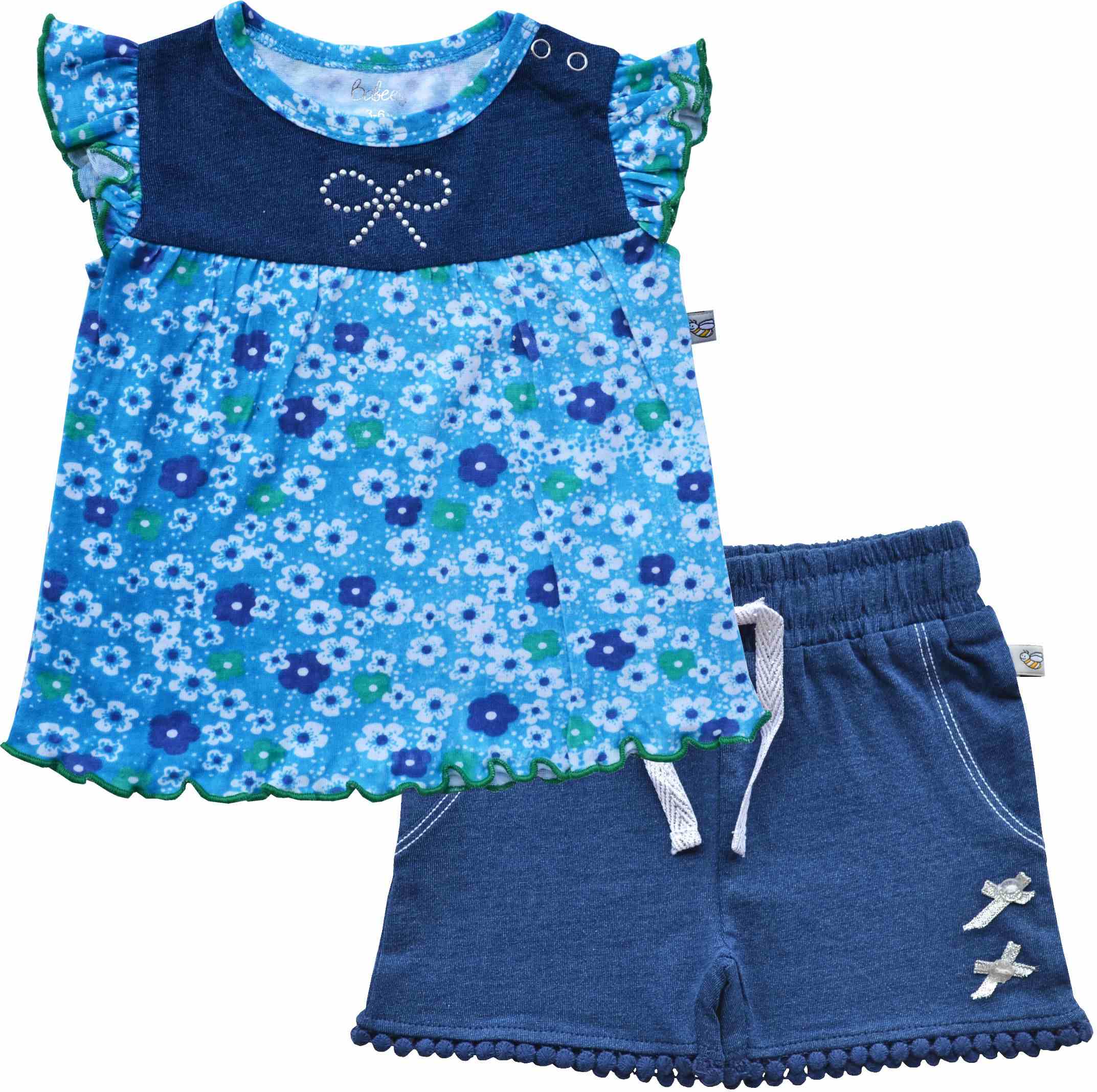 Blue AOP Top+Denim Shorts Set