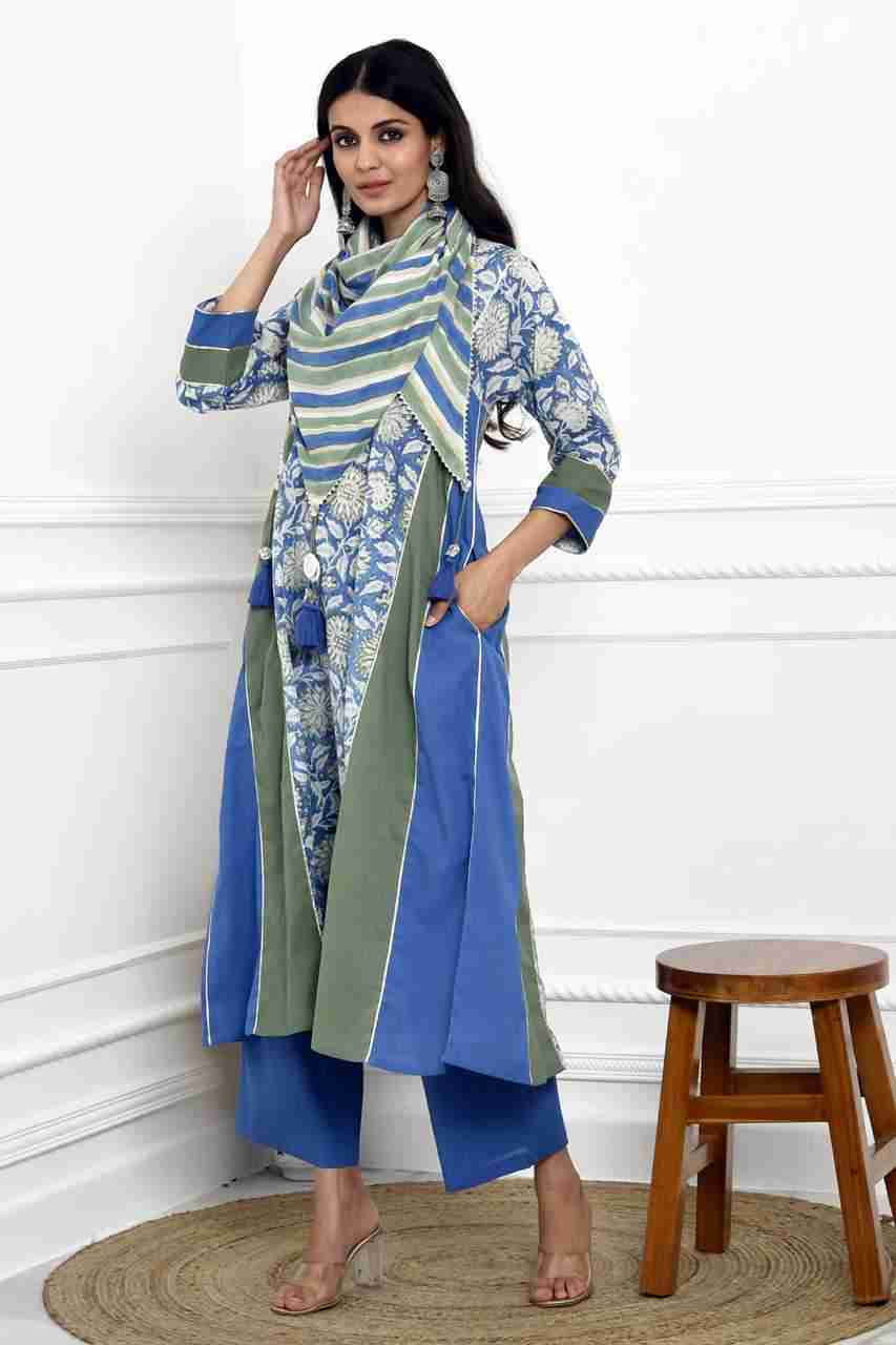 Naksh Green Blue Printed Kalidar Kurta, Pants And Triangular Stole (Set of 3)