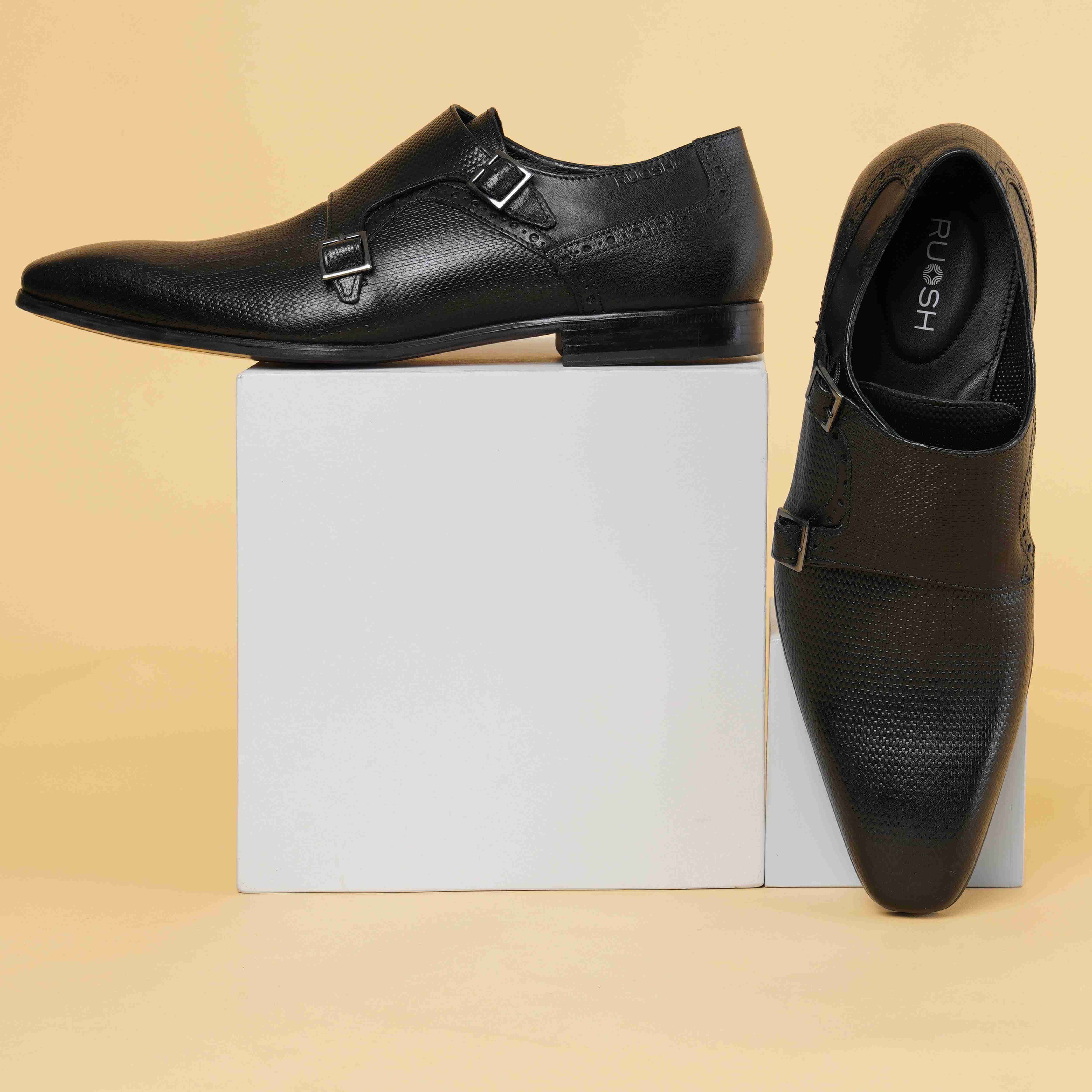 The King Ruosh Men Black Formal Double Monk