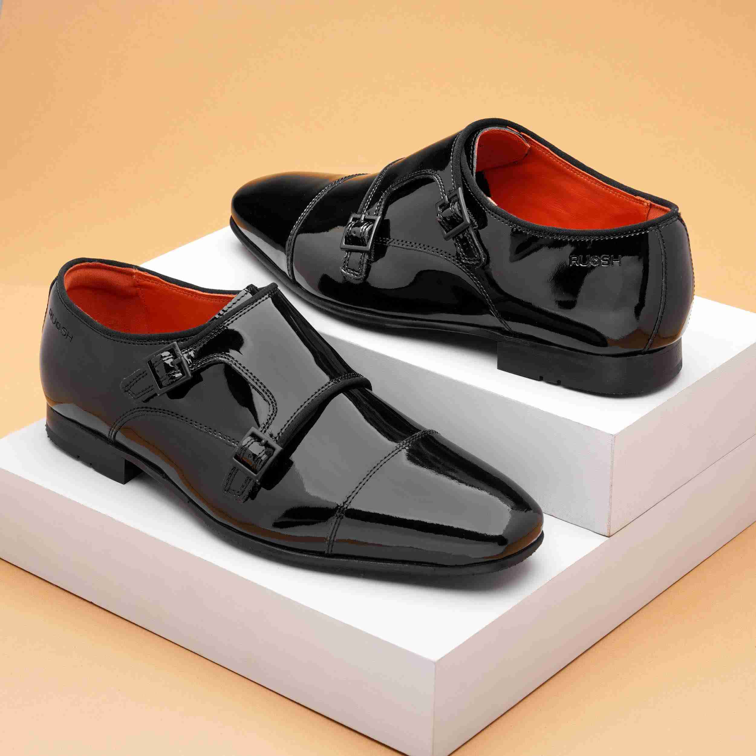 The Dean Ruosh Men Black Glossy Patent Double Monk