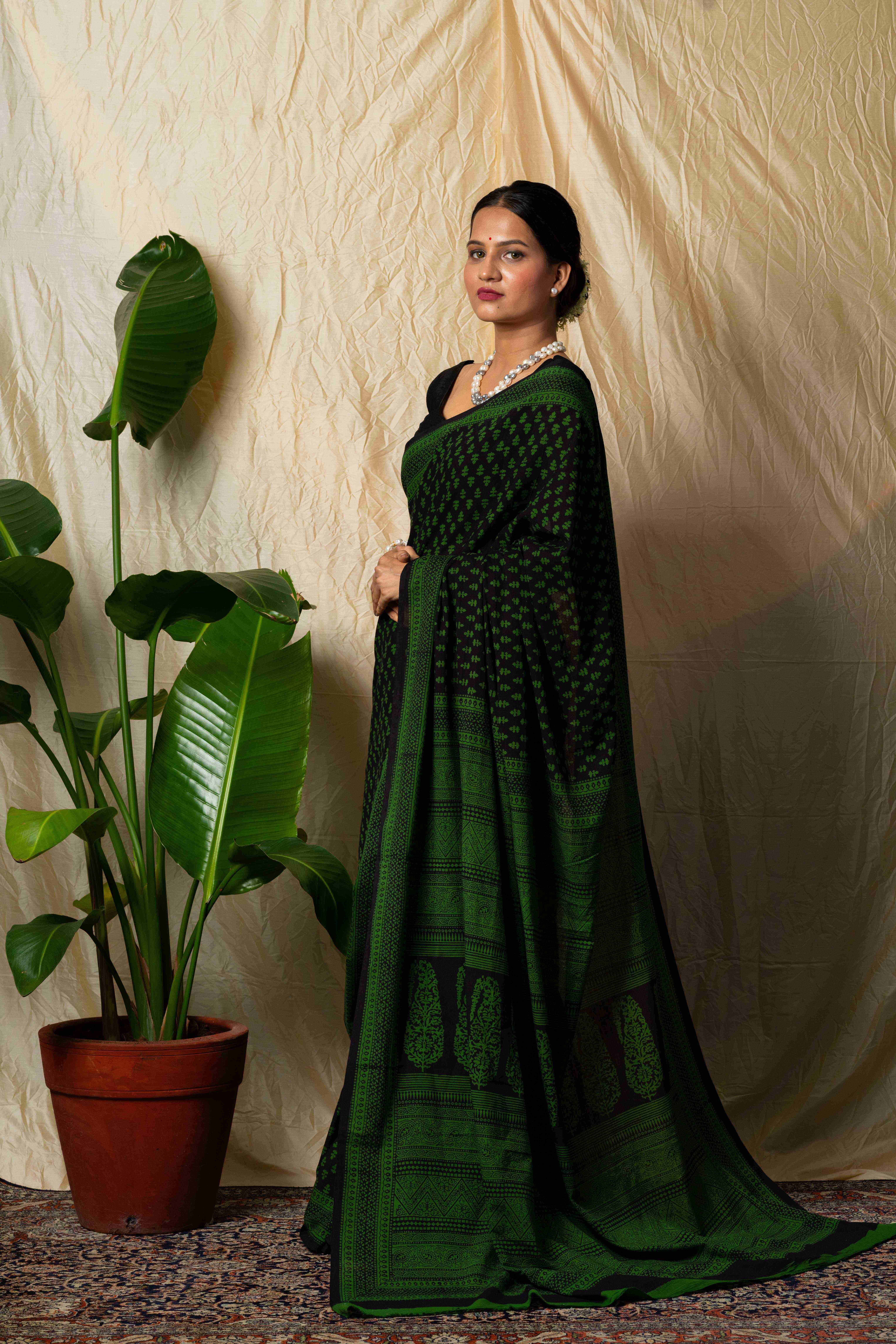 Black handblock printed Bagh cotton saree