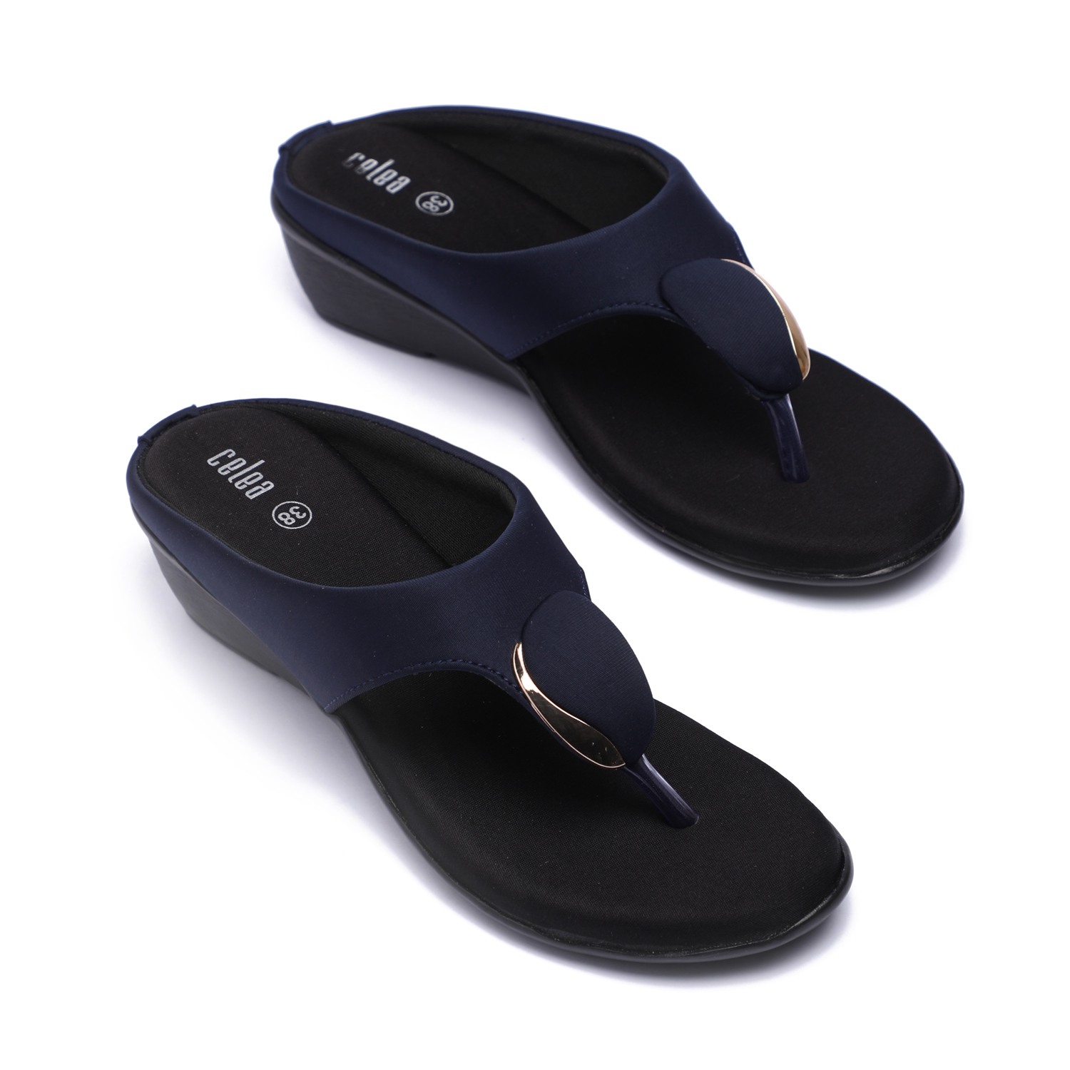 Women Navy Blue Wedge Thong Sandals with Gold Accent