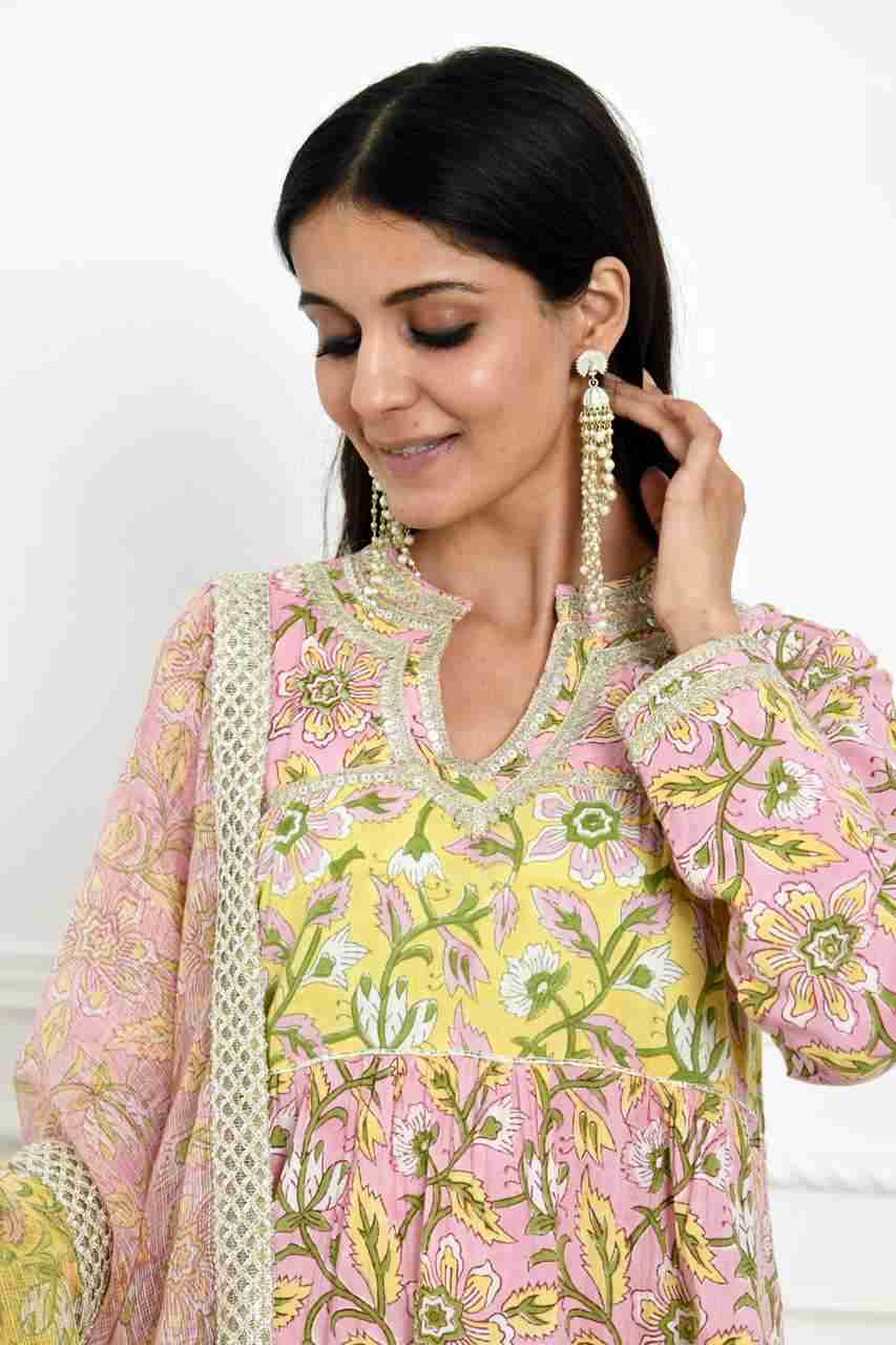 Naksh Pink And Yellow Kurta, Pants & Double Shaded Dupatta (Set of 3)