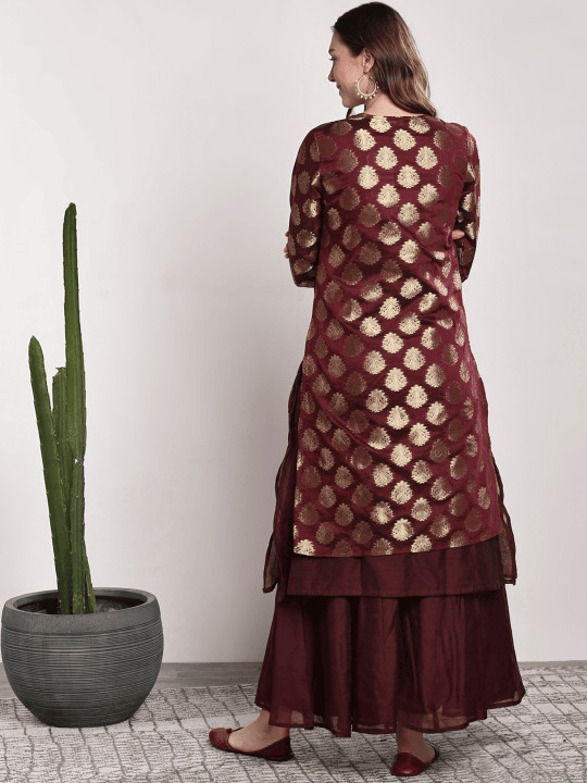 Women Burgundy Woven Design Kurta with Palazzos