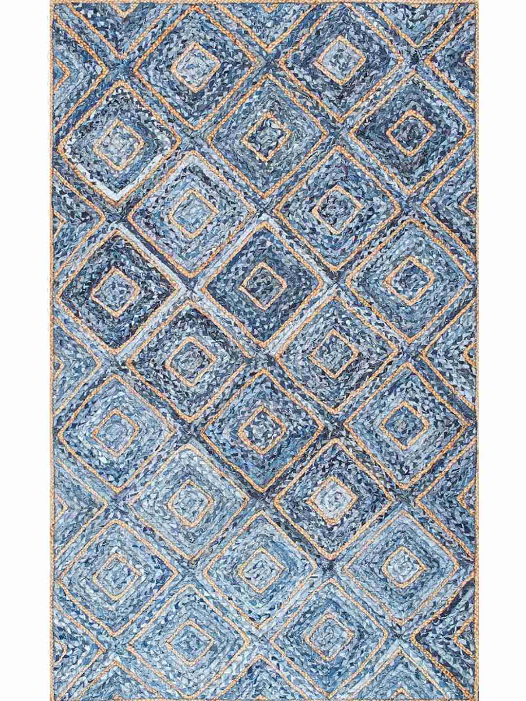 Handwoven Denim & Jute Diamond Pattern Rug – Eco-Friendly Blue Geometric Area Rug for Nursery, Living Room & Modern Interiors