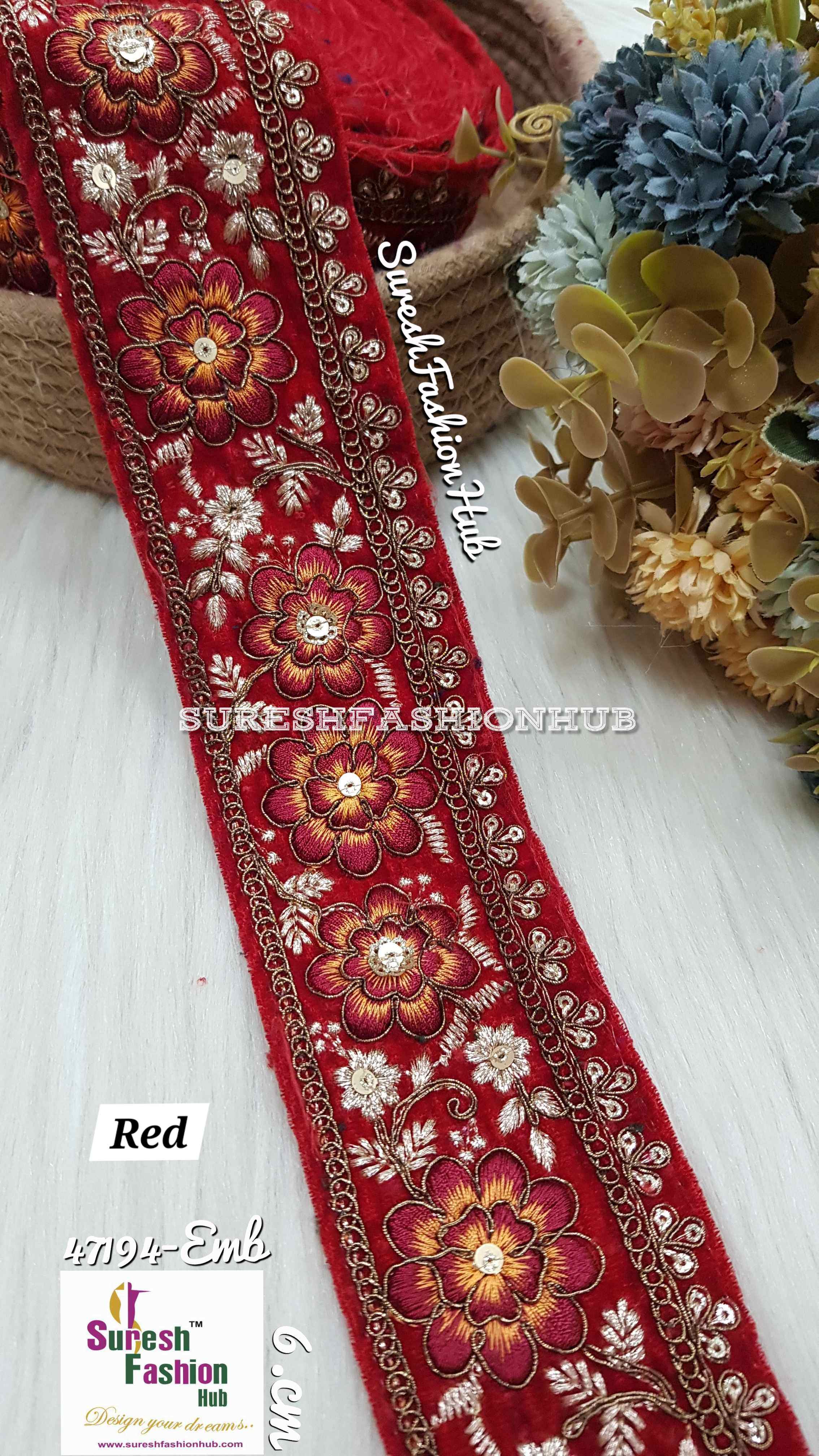 Red Velvet Multicolor Floral Embroidery Lace