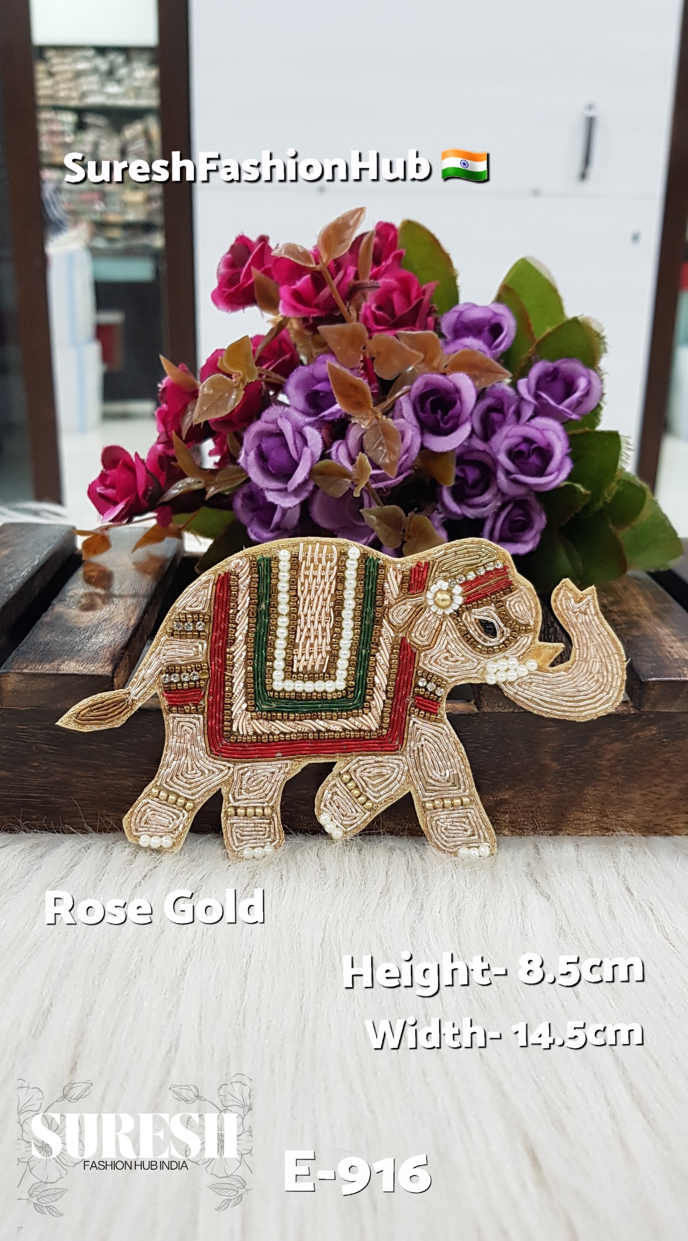 Handmade Elephant Patch – Right Side Pearl Gold – Design No. E-916