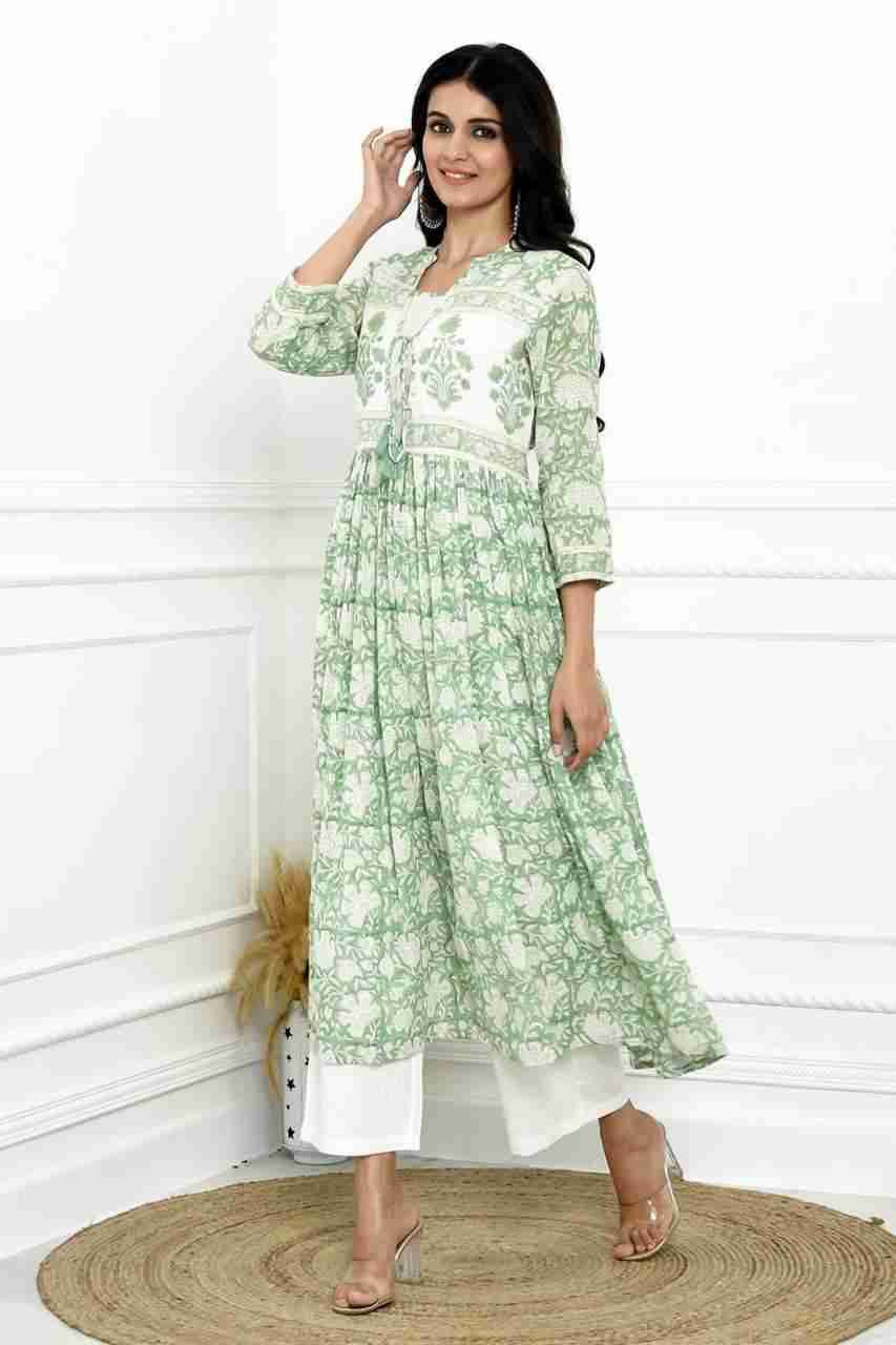 Naksh White And Light Green Printed Gathered Cotton Kota Kurta
