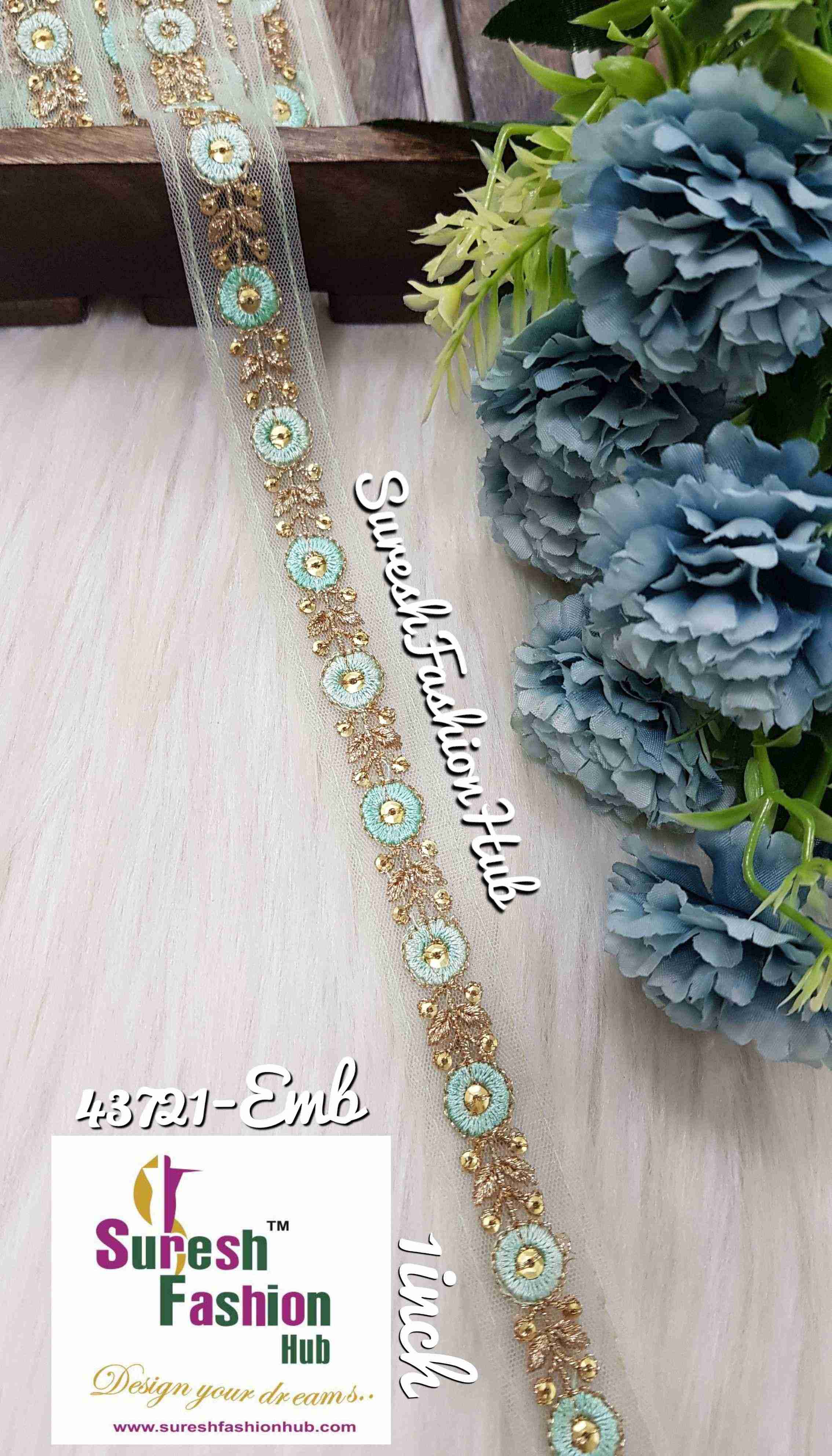 Light Sea Green Threaded  Petals with Zari Embroidered Trim