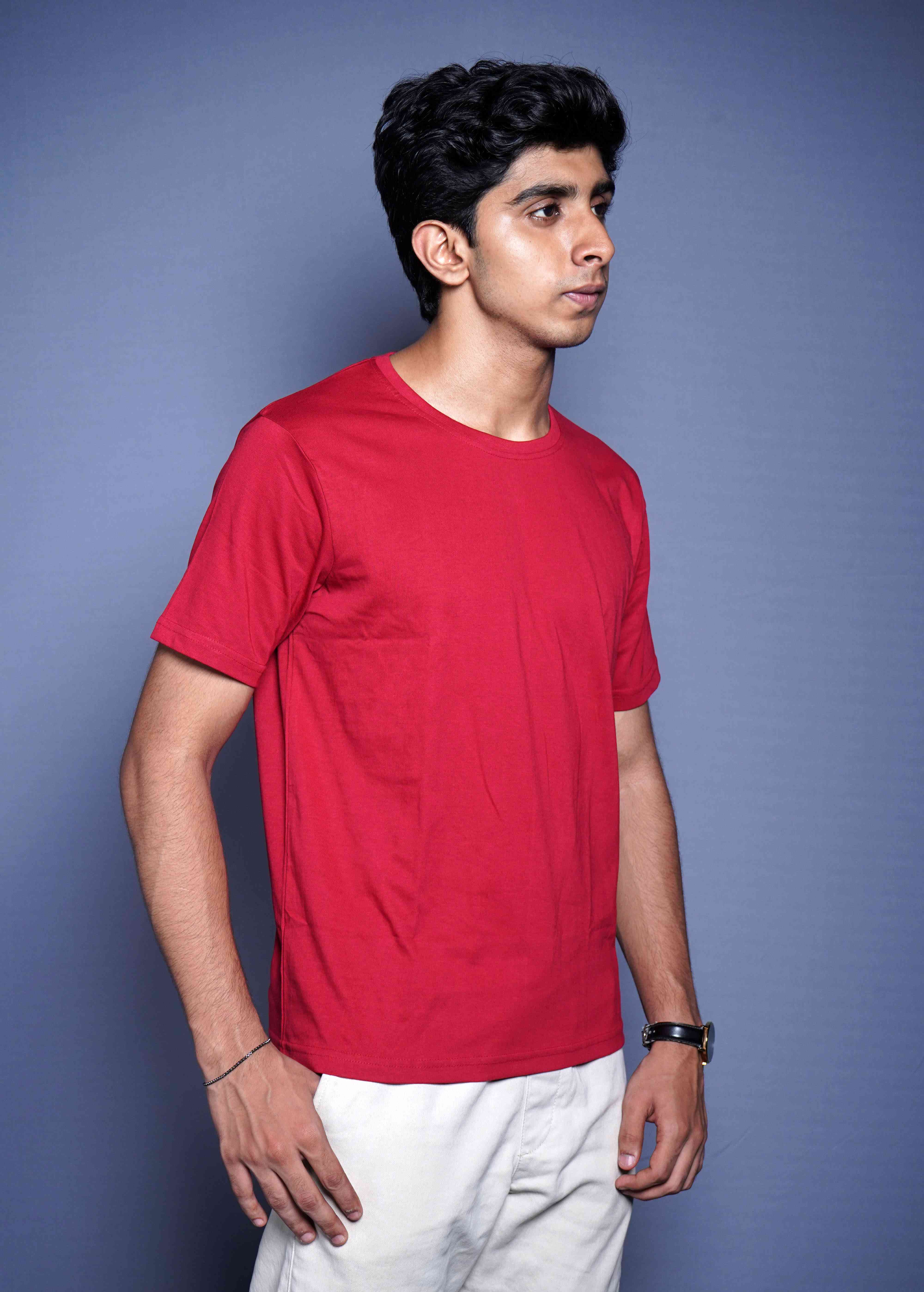 One Denim Classic Red Round Neck Cotton T-Shirt