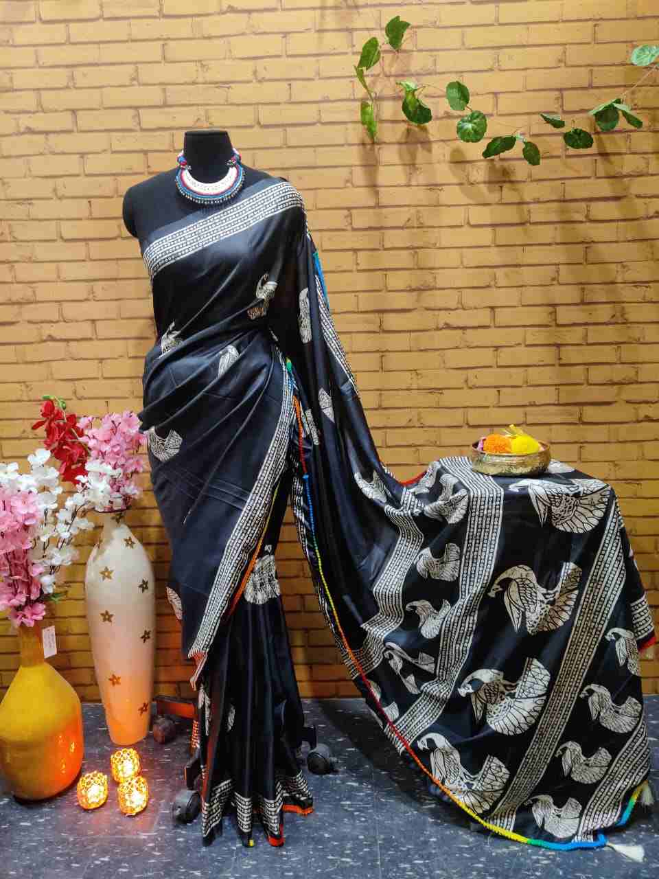 Printed Silk Sari With Lace and Tassels
