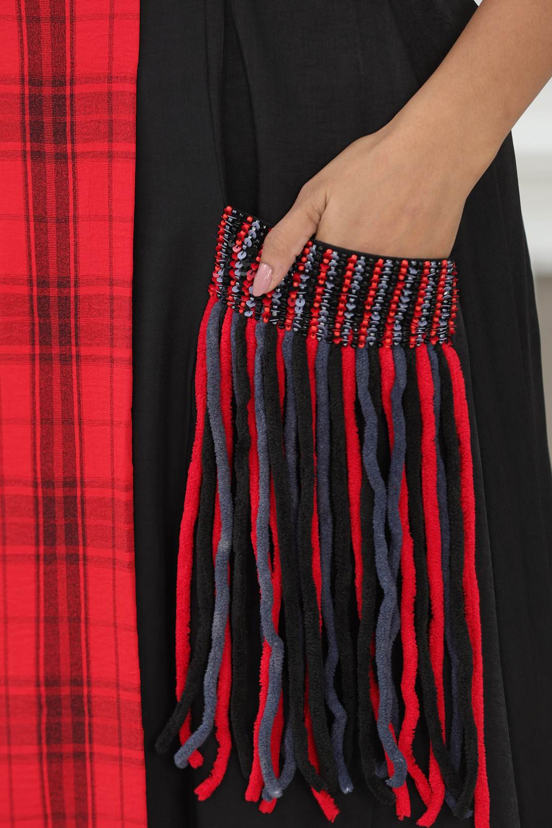 Red checks tassel dress