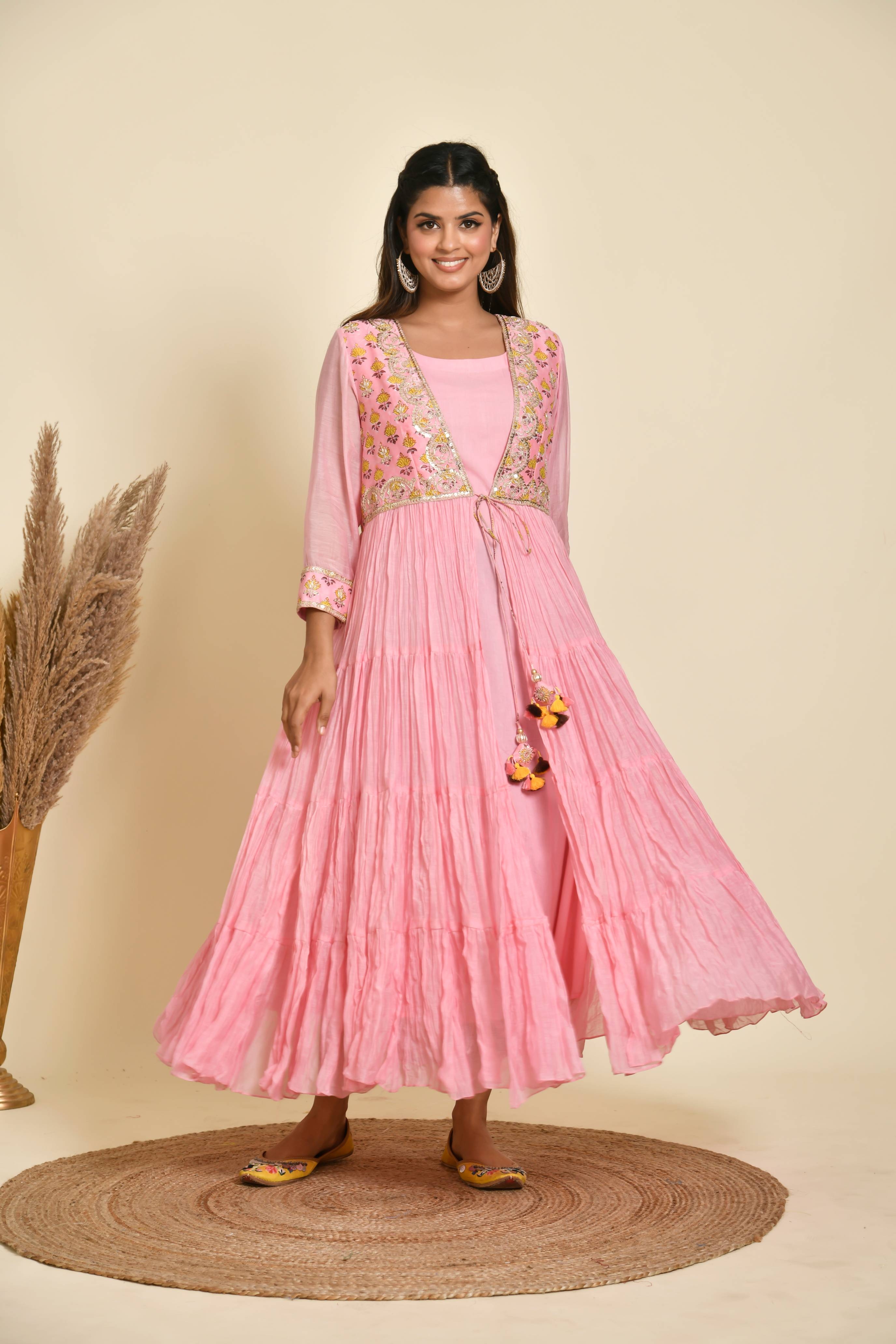 KAARAH BY KAAVYA | Block Printed Pink Chanderi Dress With Tassels undefined