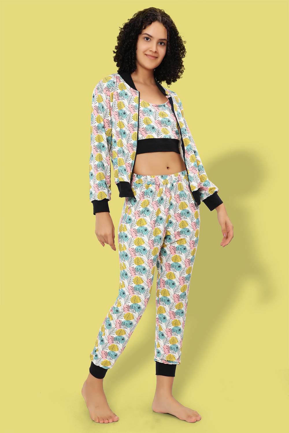 Ninos Dreams Women 3 piece Multicolour Floral Print Bomber Jacket with Jogger Coord Set
