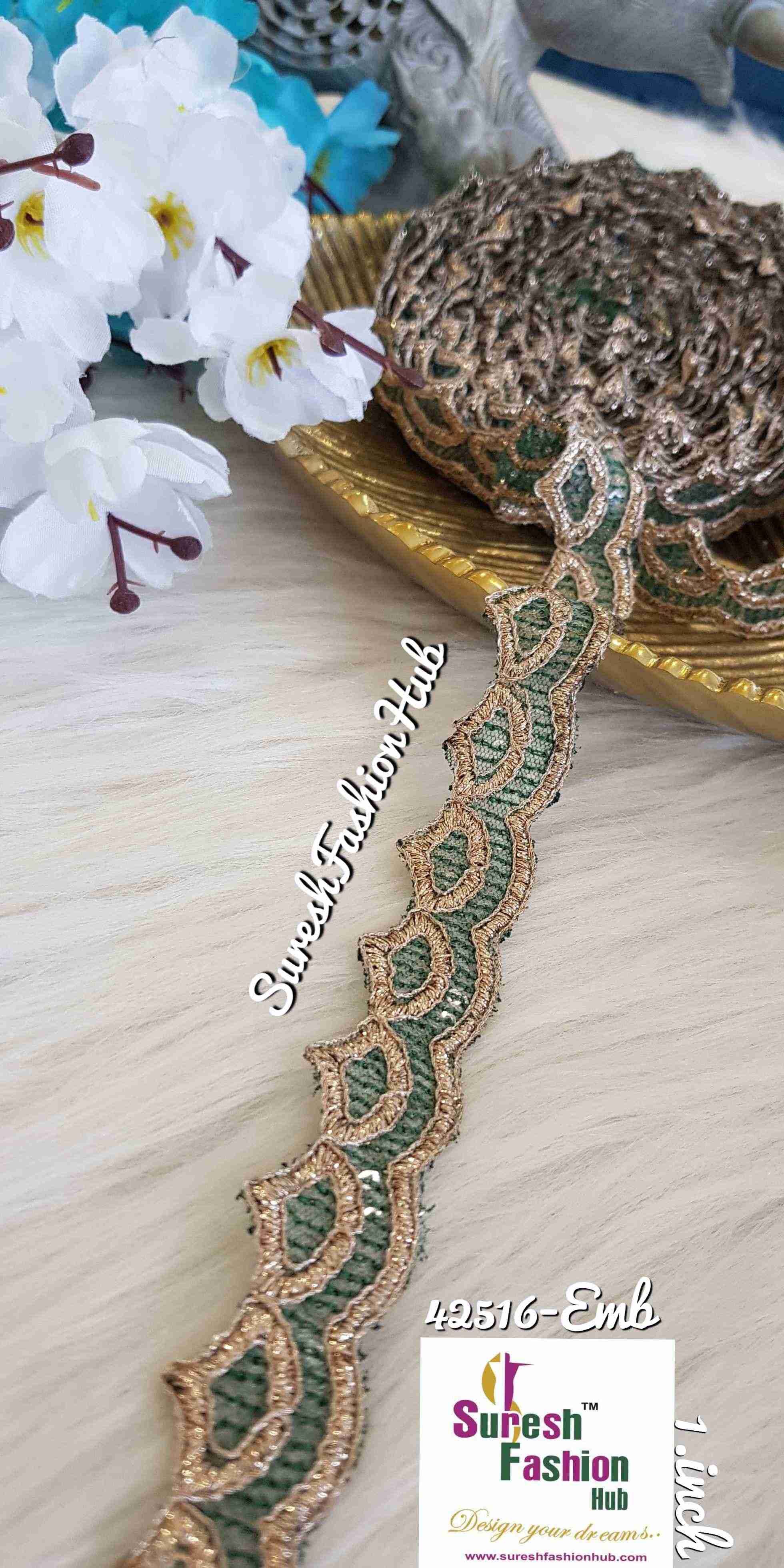 Glittering Dark Green Waves Embroidered Trim