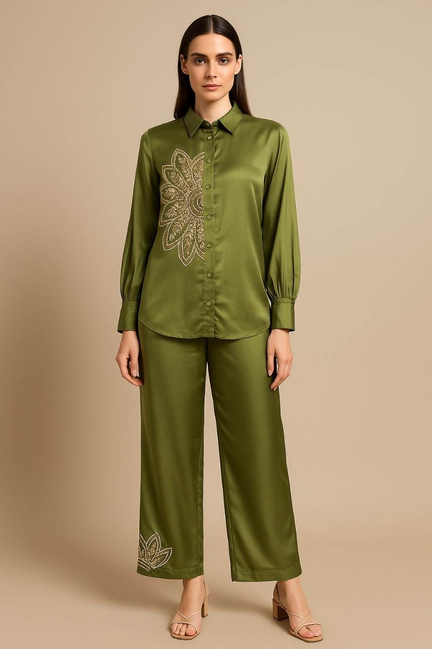 Women's  Mini Silk With Adda Work  co-ord set