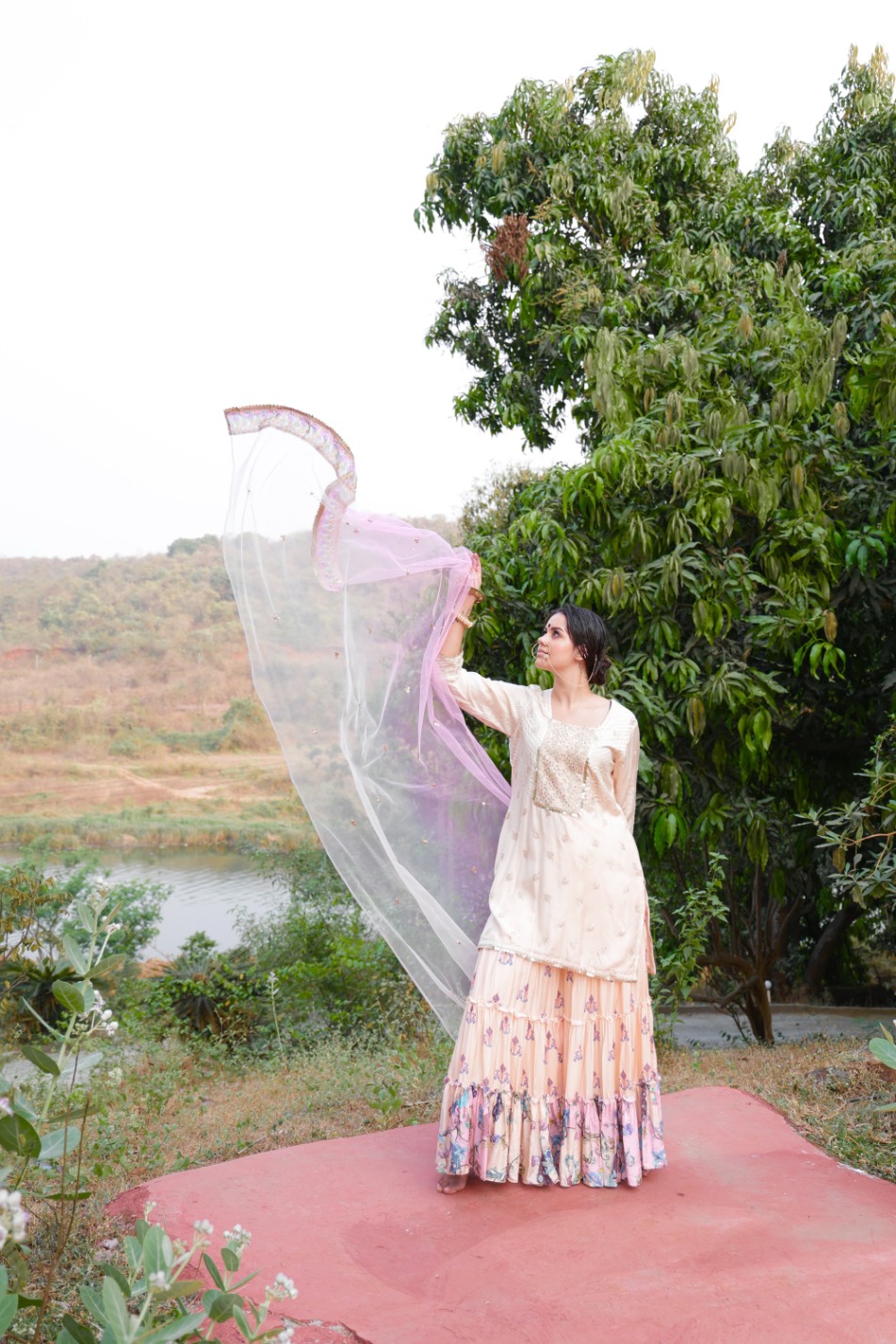 Cutwork Gota yoke kurta with sharara and dupatta