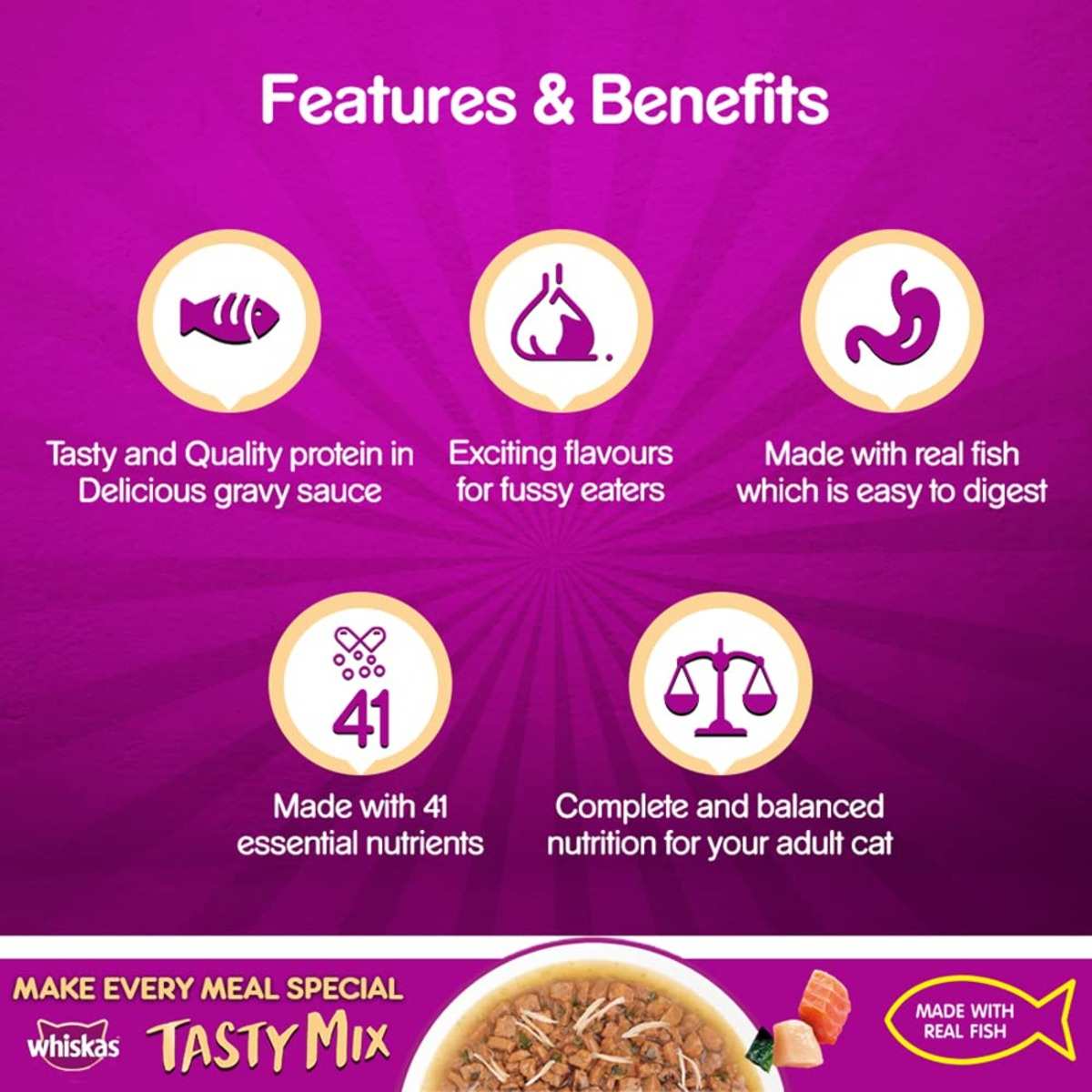 Whiskas Tasty Mix Salmon Wakame Chicken Seaweed In Gravy Wet Cat Food, 70g