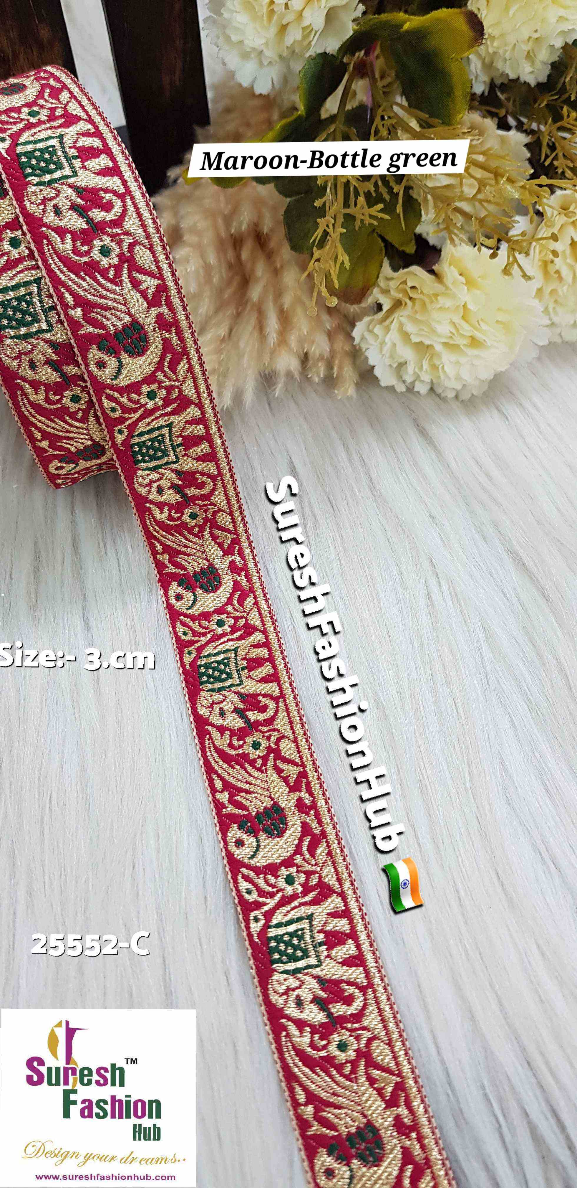 Maroon & Bottle Green Color Elephant Parrot Banarasi Lace