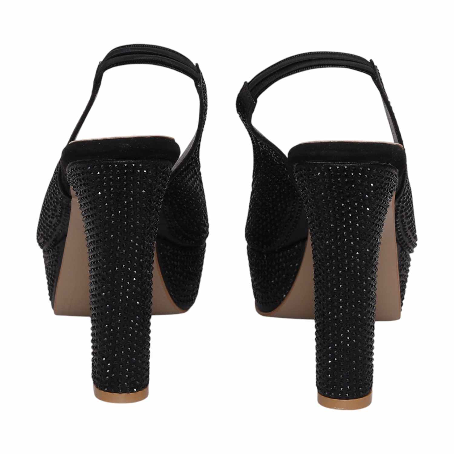 Women Black Rhinestone Slingback Platform Heels