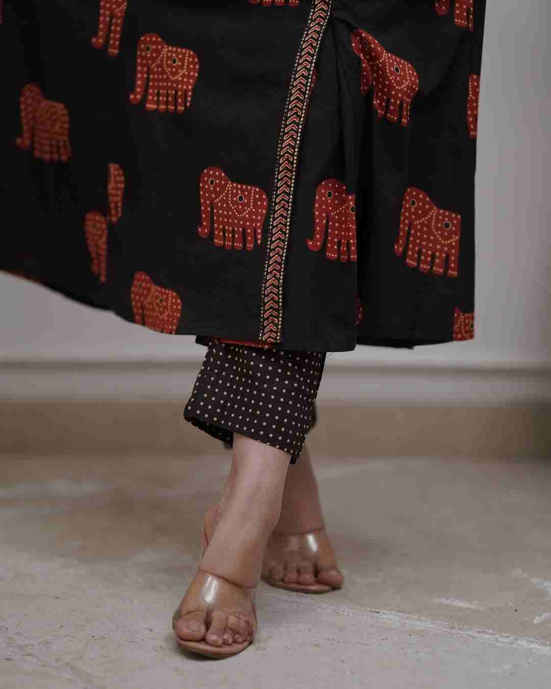 Rust cotton ethnic wear Anarkali sets with traditional print with printed dupatta