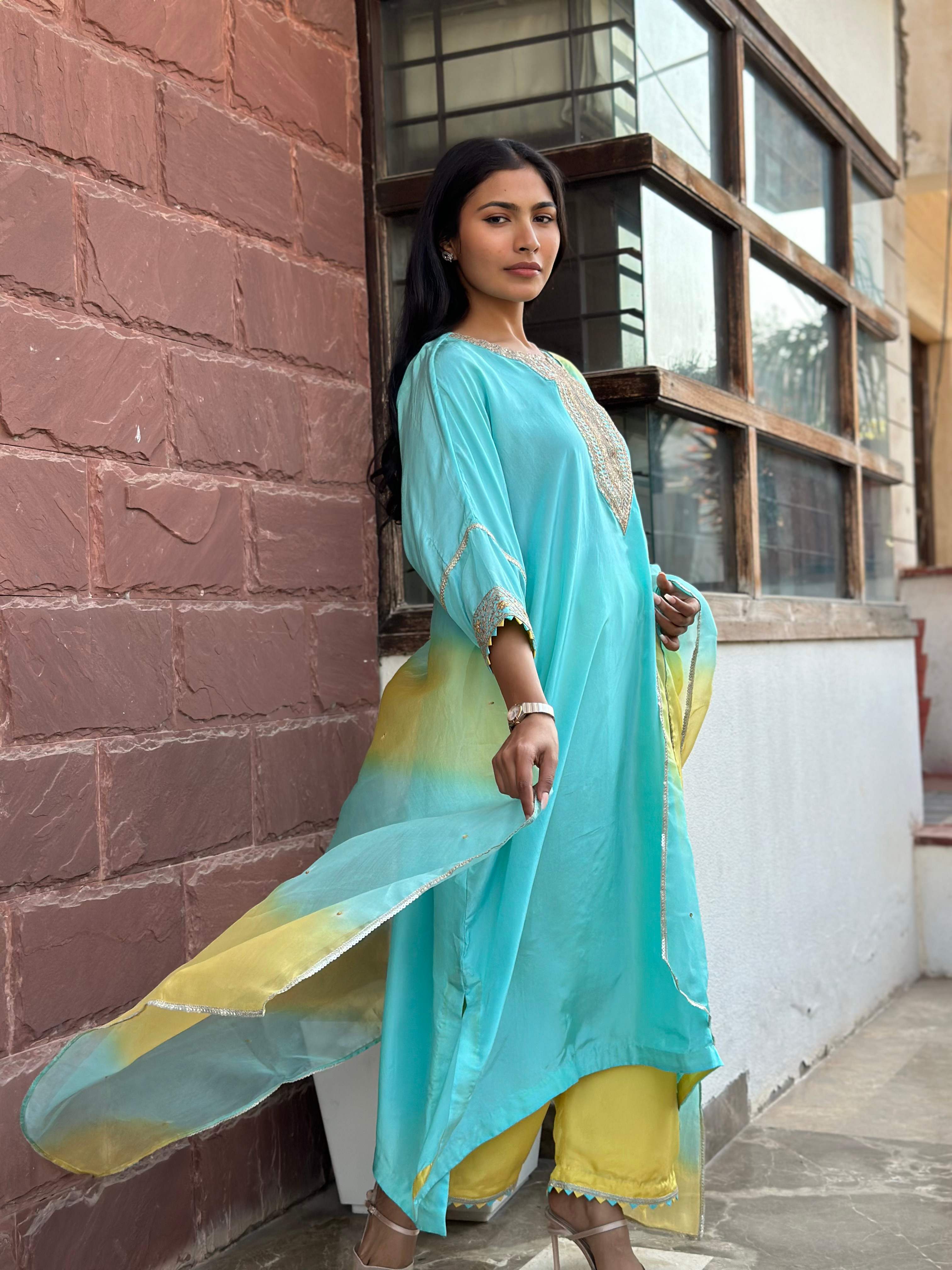 BLUE-YELLOW SILK HANDWORK KURTA SET