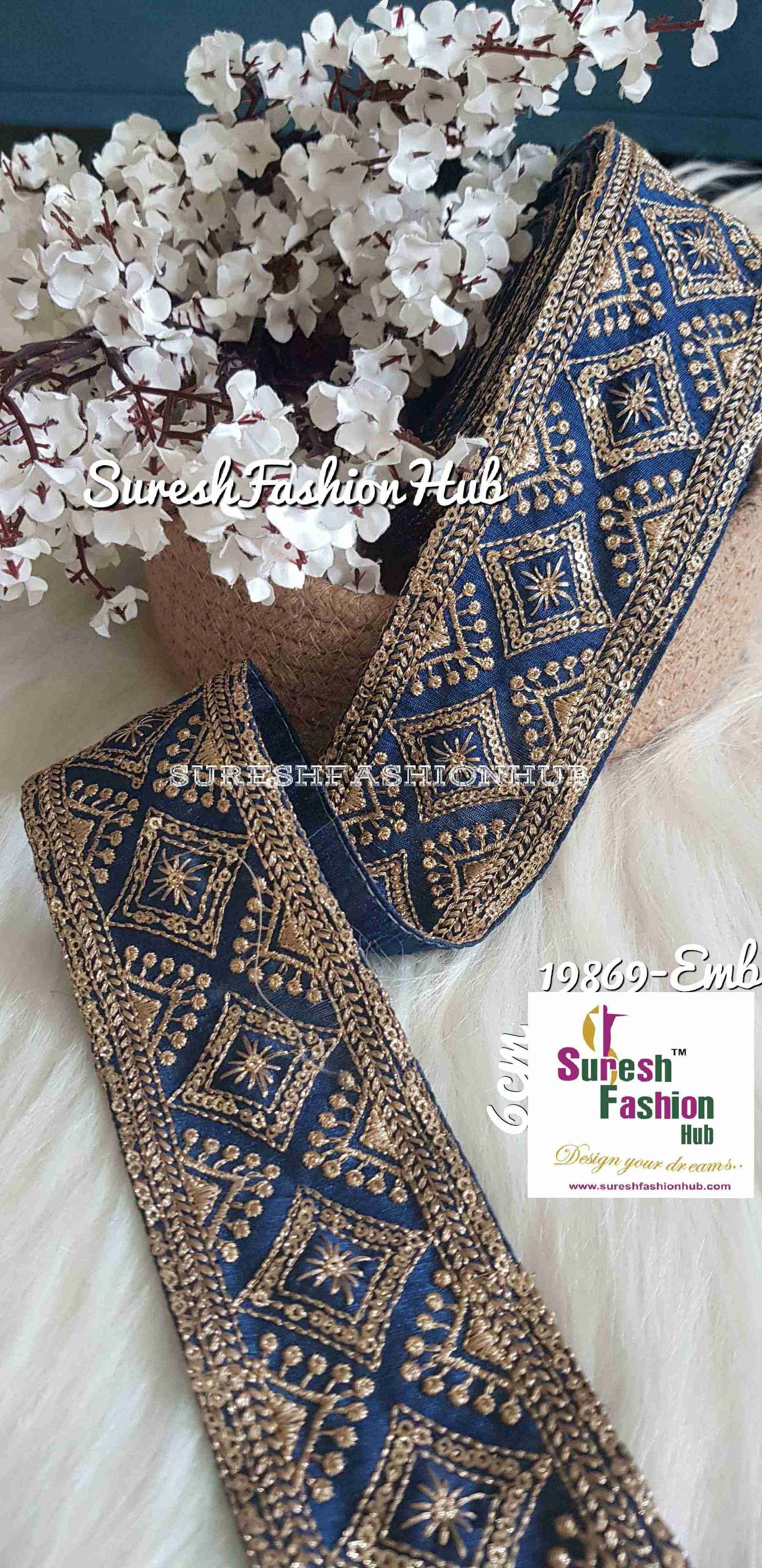 Bridal Blue Embroidered Wide Trim