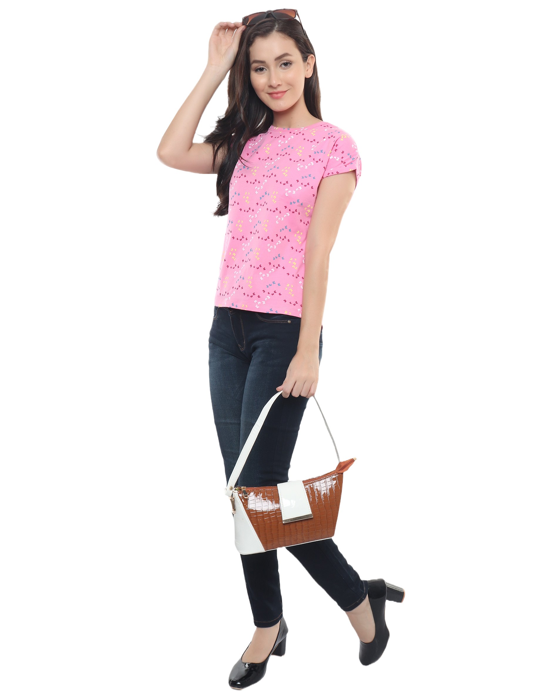 Pink Printed Cotton T Shirt
