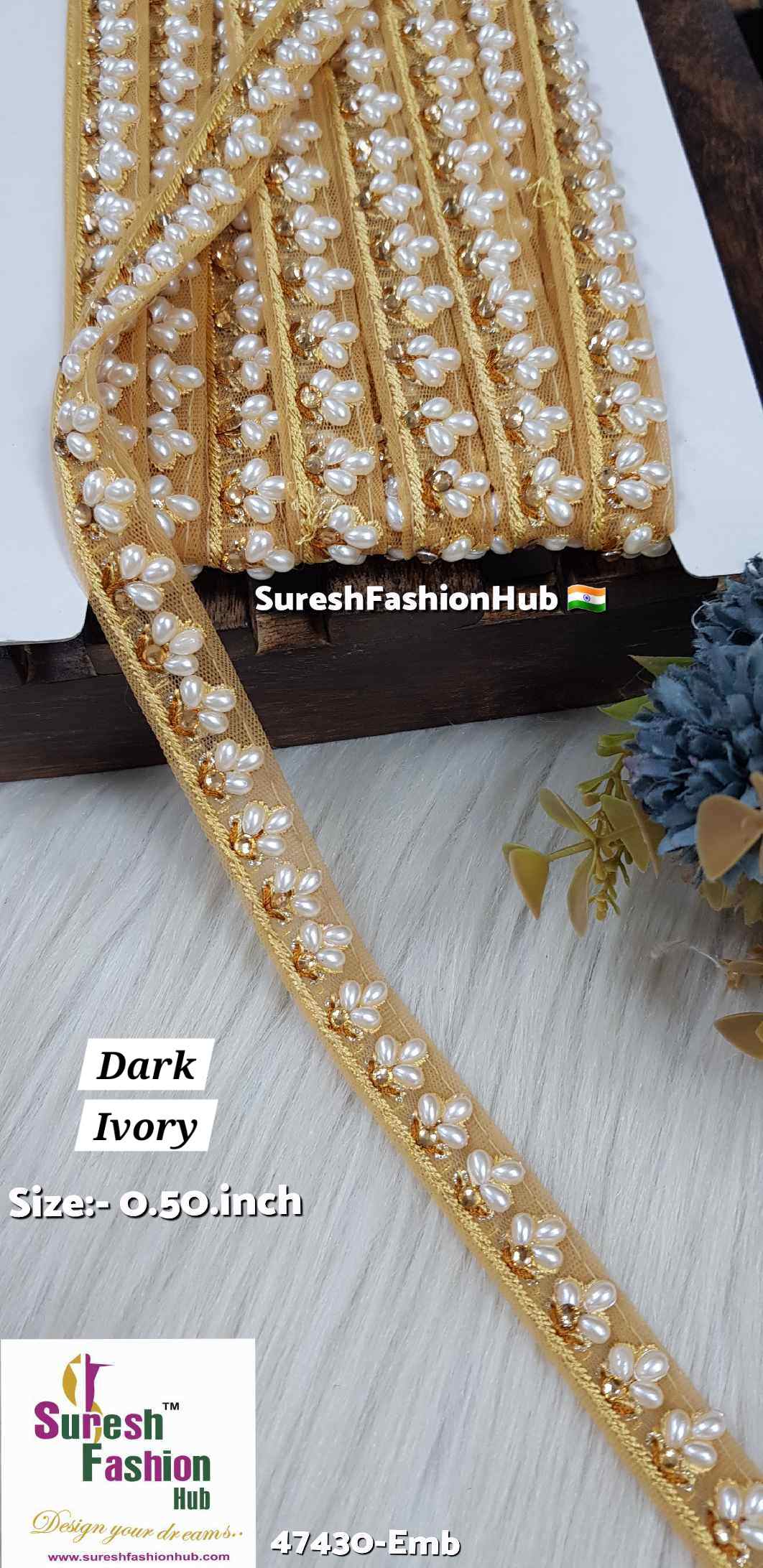 LuxeGlimmer Embroidered Trim Dark ivory