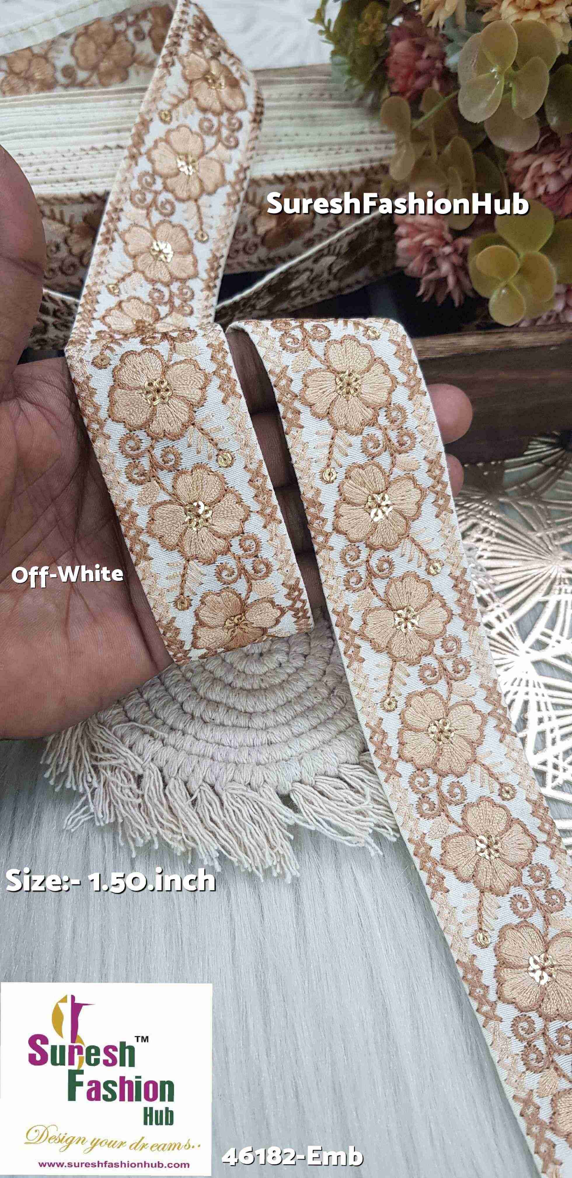 Jute-Colored Thread Off-White Embroidered Lace Fabric
