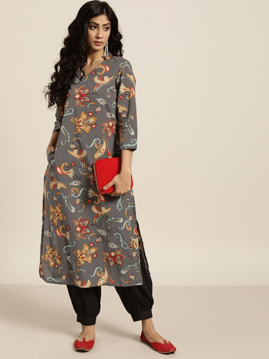 Women Grey & Black Pure Cotton Printed Kurta with Salwar
