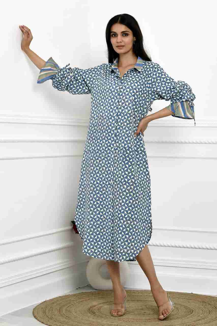 Naksh Blue Geometric Print Long Shirt-Kurta With Pockets