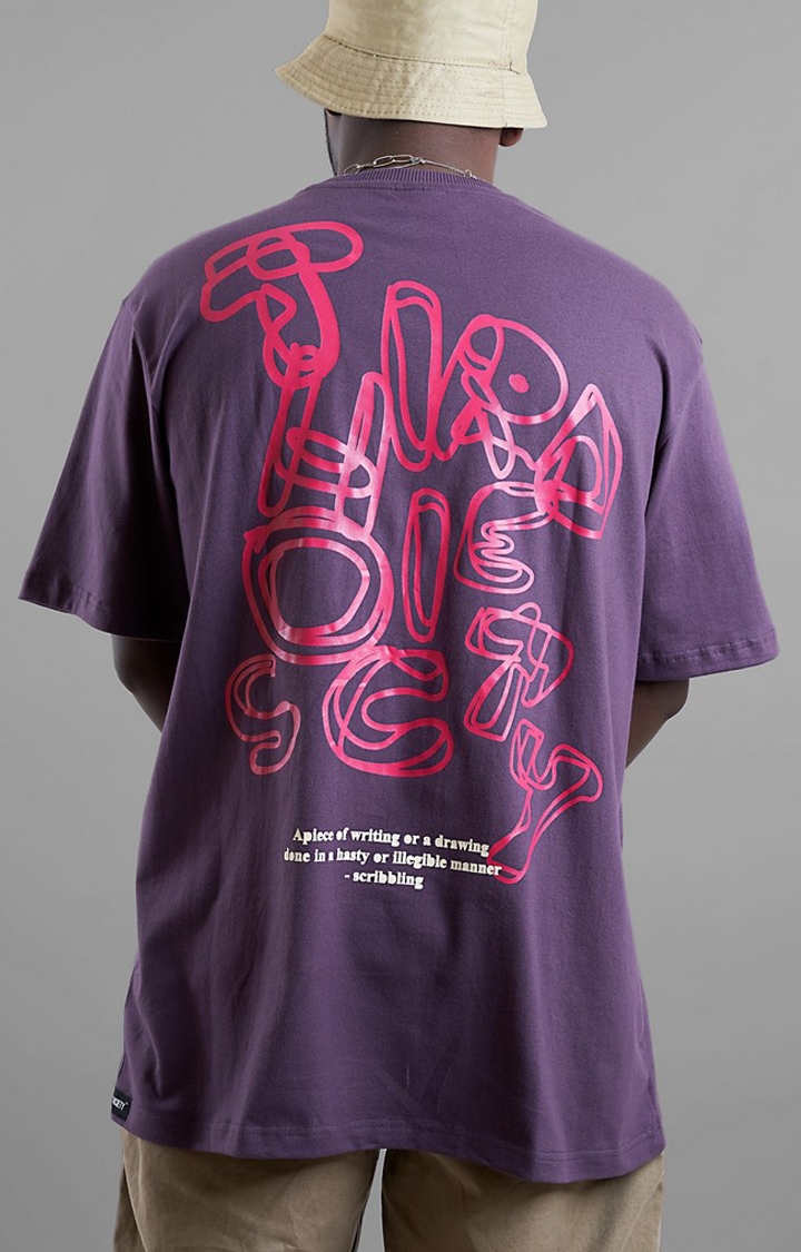 Unisex Scribbling Purple Printed Cotton Oversized T-Shirt