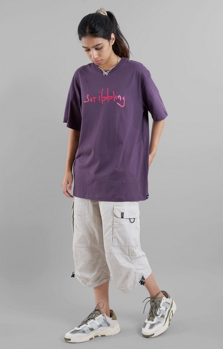 Unisex Scribbling Purple Printed Cotton Oversized T-Shirt