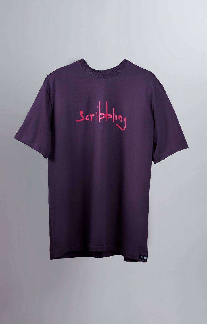 Unisex Scribbling Purple Printed Cotton Oversized T-Shirt