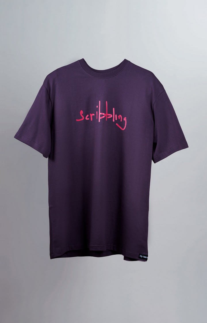 Unisex Scribbling Purple Printed Cotton Oversized T-Shirt