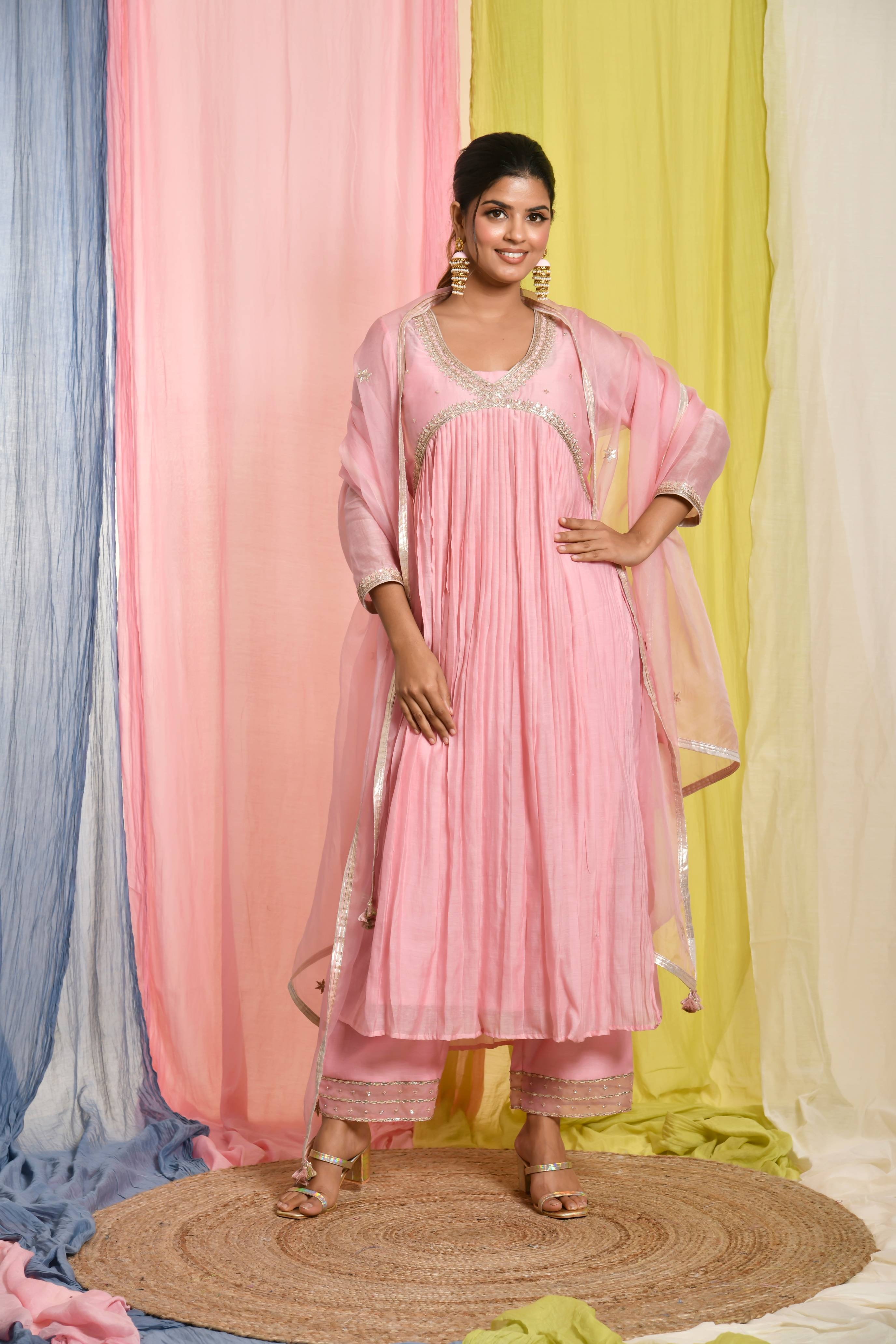 Pink V-Neck Chanderi Dress With Side Slit & Pleats