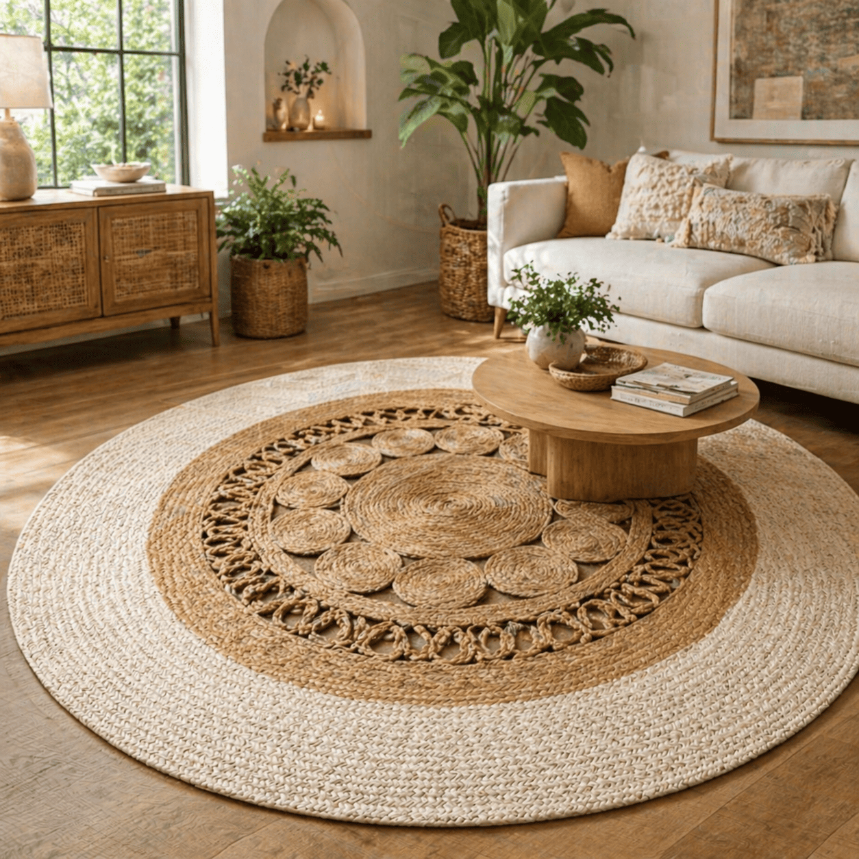 Jute Round Rug with Medallion Disc Design & White Border