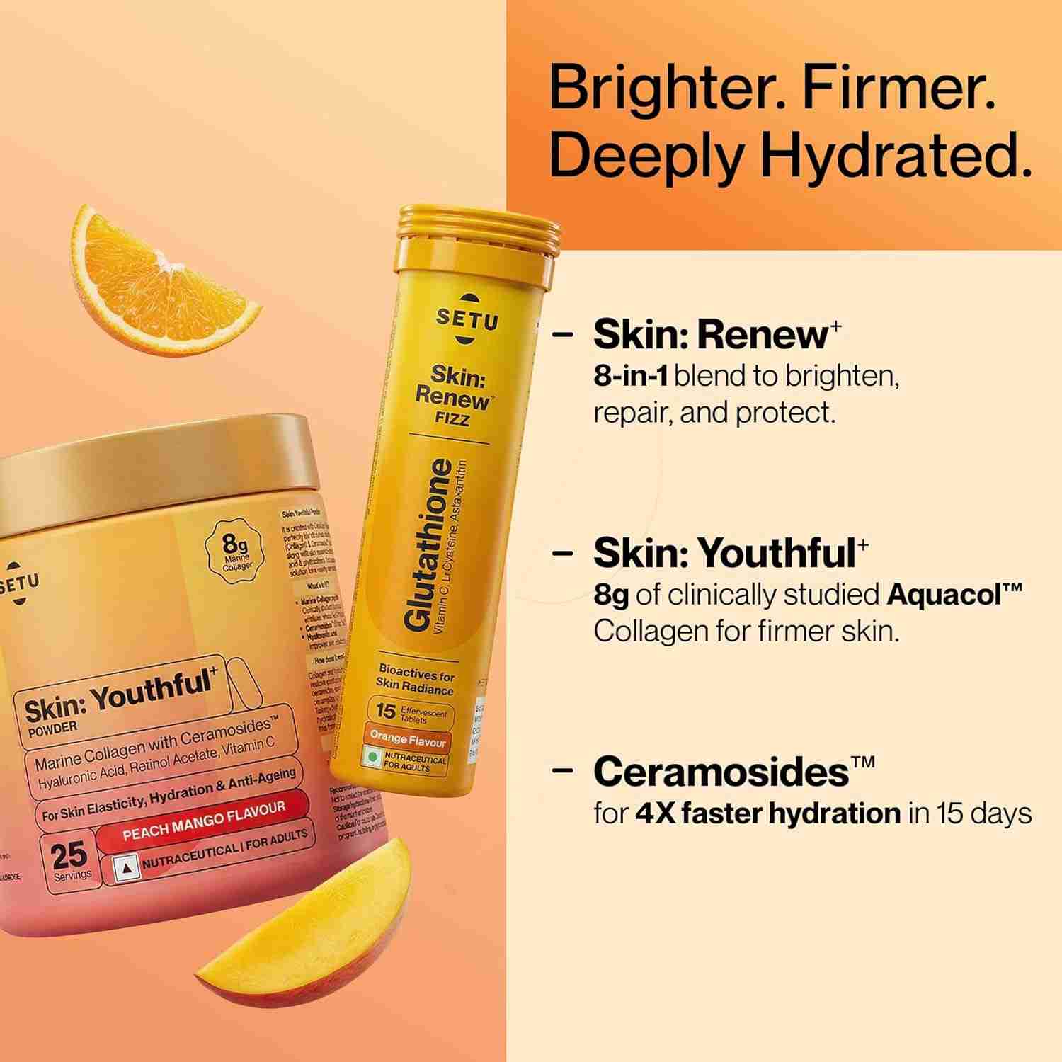 Setu Skin Renew Glutathione Fizz 30 Tablets for Skin Glow & Brightness with Skin Youthful Marine Collagen Powder (Peach Mango,250 g) | Fight Fine Lines & Wrinkles | Powered by Master Antioxidant Glutathione | Promotes Radiant Skin | Skin Supplements for Women & Men (Combo Pack)