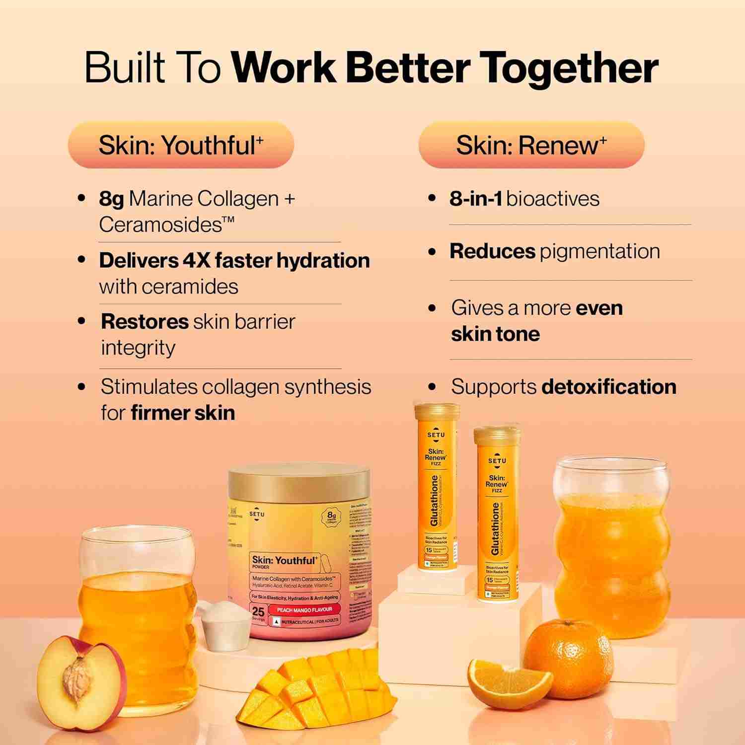 Setu Skin Renew Glutathione Fizz 30 Tablets for Skin Glow & Brightness with Skin Youthful Marine Collagen Powder (Peach Mango,250 g) | Fight Fine Lines & Wrinkles | Powered by Master Antioxidant Glutathione | Promotes Radiant Skin | Skin Supplements for Women & Men (Combo Pack)