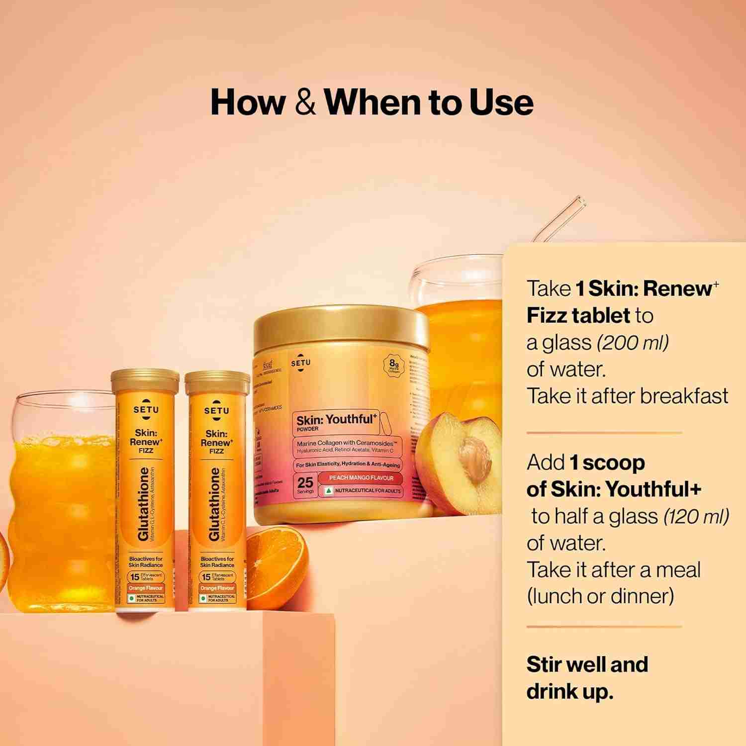 Setu Skin Renew Glutathione Fizz 30 Tablets for Skin Glow & Brightness with Skin Youthful Marine Collagen Powder (Peach Mango,250 g) | Fight Fine Lines & Wrinkles | Powered by Master Antioxidant Glutathione | Promotes Radiant Skin | Skin Supplements for Women & Men (Combo Pack)