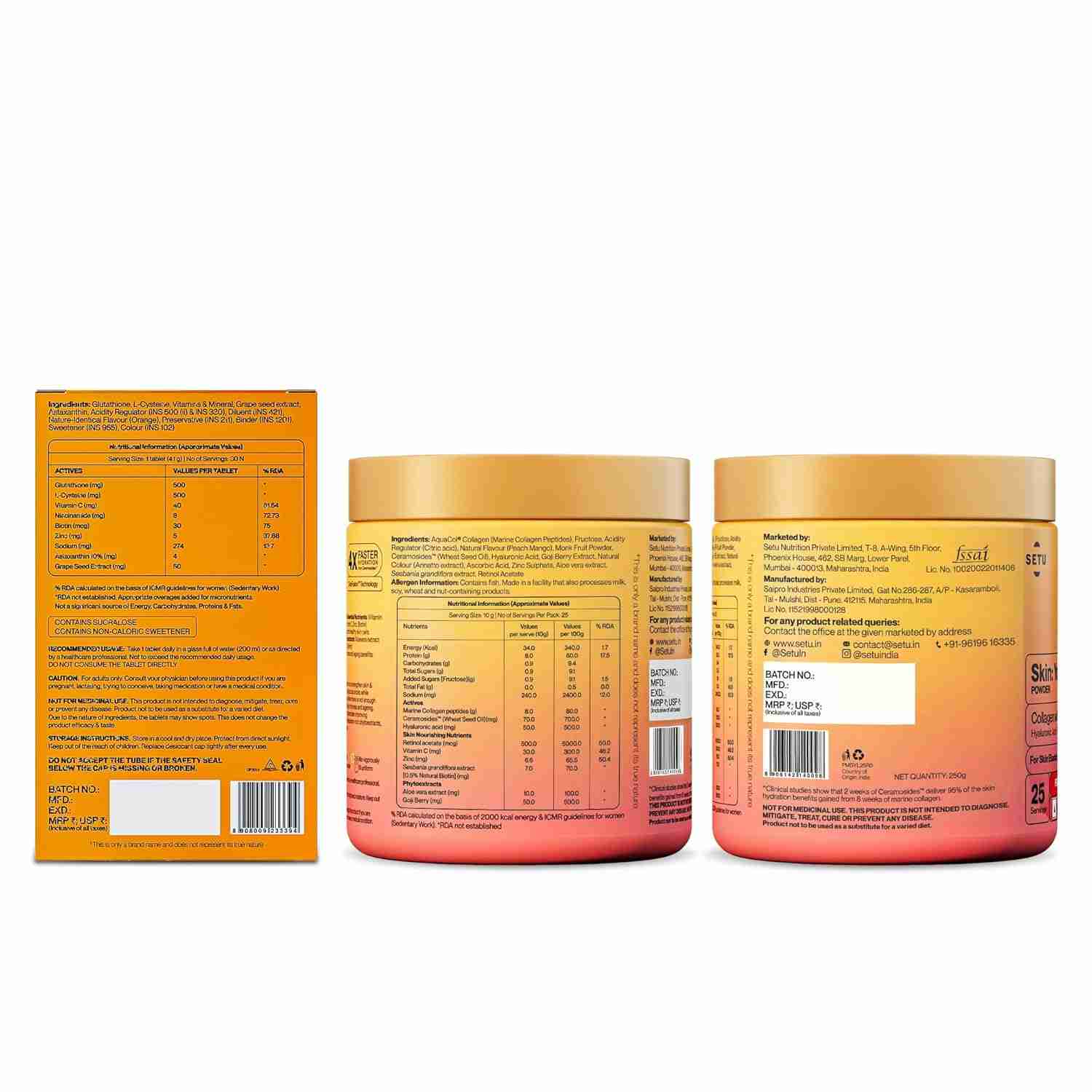 Setu Skin Renew Glutathione Fizz 30 Tablets for Skin Glow & Brightness with Skin Youthful Marine Collagen Powder (Peach Mango,250 g) | Fight Fine Lines & Wrinkles | Powered by Master Antioxidant Glutathione | Promotes Radiant Skin | Skin Supplements for Women & Men (Combo Pack)
