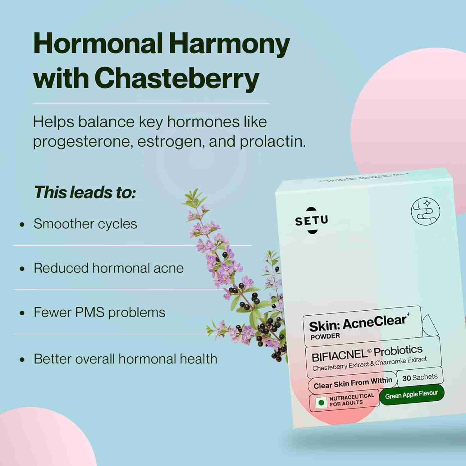 Setu Skin: AcneClear | Target Hormonal & PCOS Acne at the Root | Formulated with BIFIACNEL®, Chasteberry, Chamomile, Magnesium and Supergreens for Gut detox & Skin Health | Green Apple Flavour | 30 Sachets