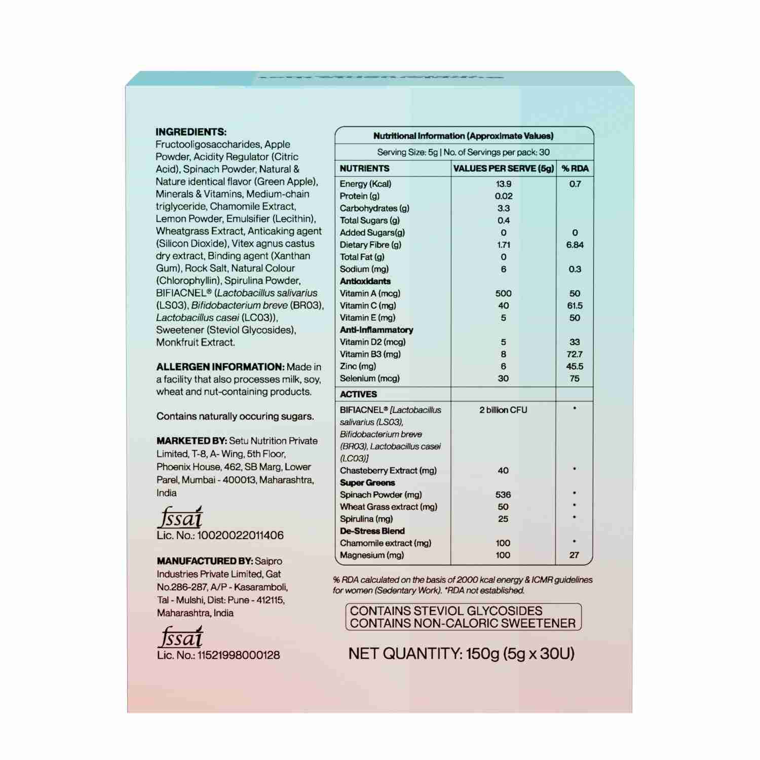 Setu Skin: AcneClear | Target Hormonal & PCOS Acne at the Root | Formulated with BIFIACNEL®, Chasteberry, Chamomile, Magnesium and Supergreens for Gut detox & Skin Health | Green Apple Flavour | 30 Sachets